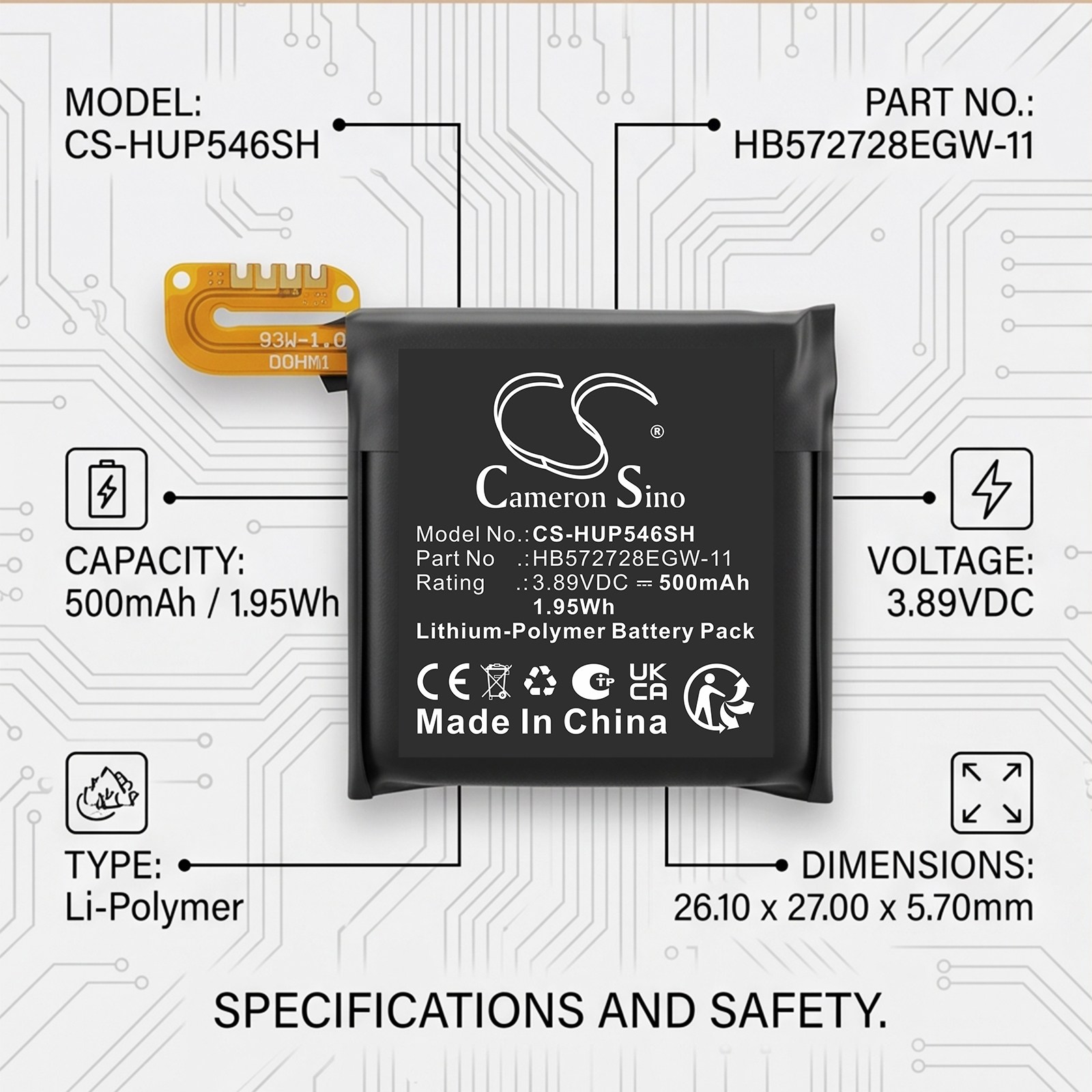 Batteri til Huawei-smartklokke VLI-B19, Watch GT5 46 mm
