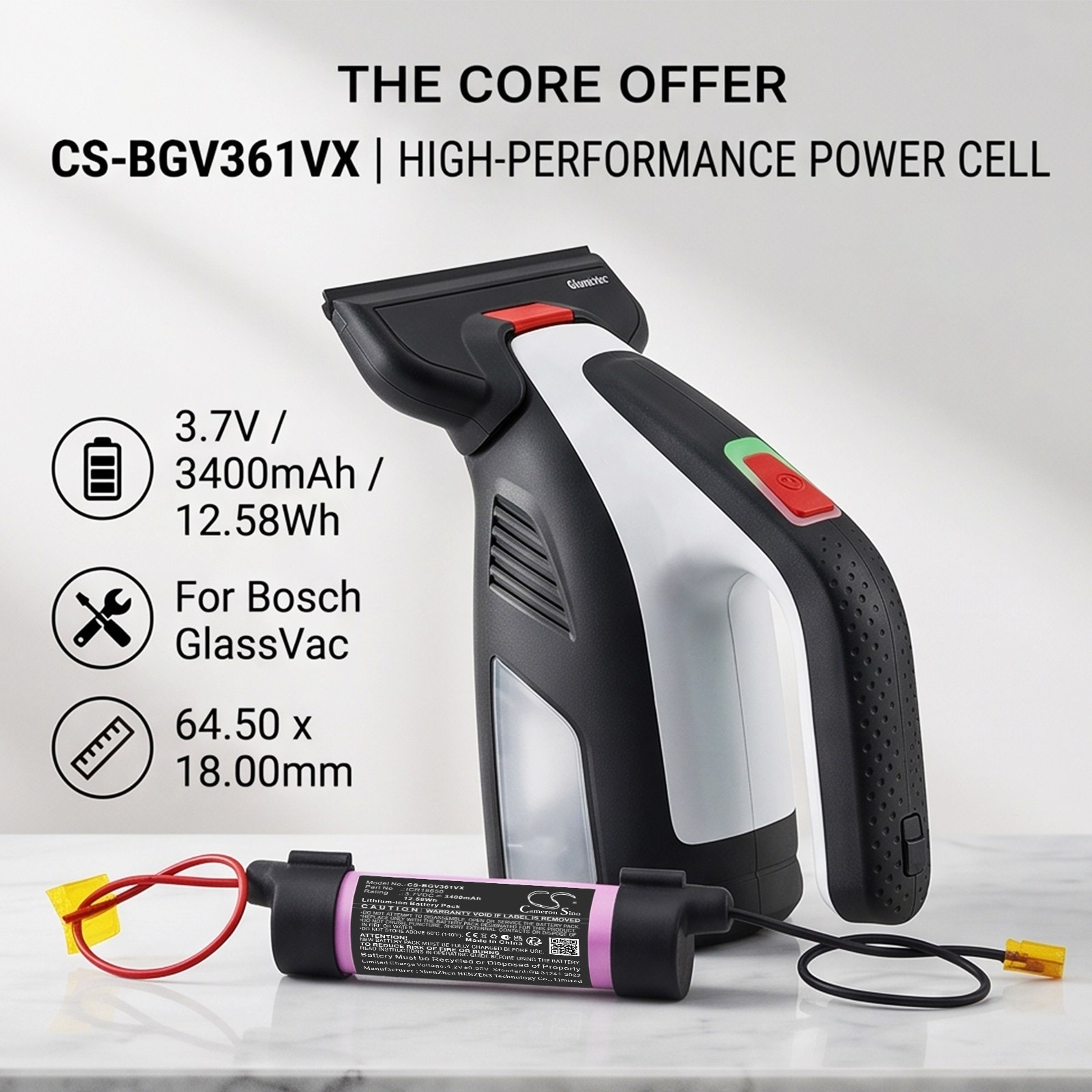 Batteri til Bosch-støvsuger 06008B7000, GlassVAC 3600HB7000 Cordless