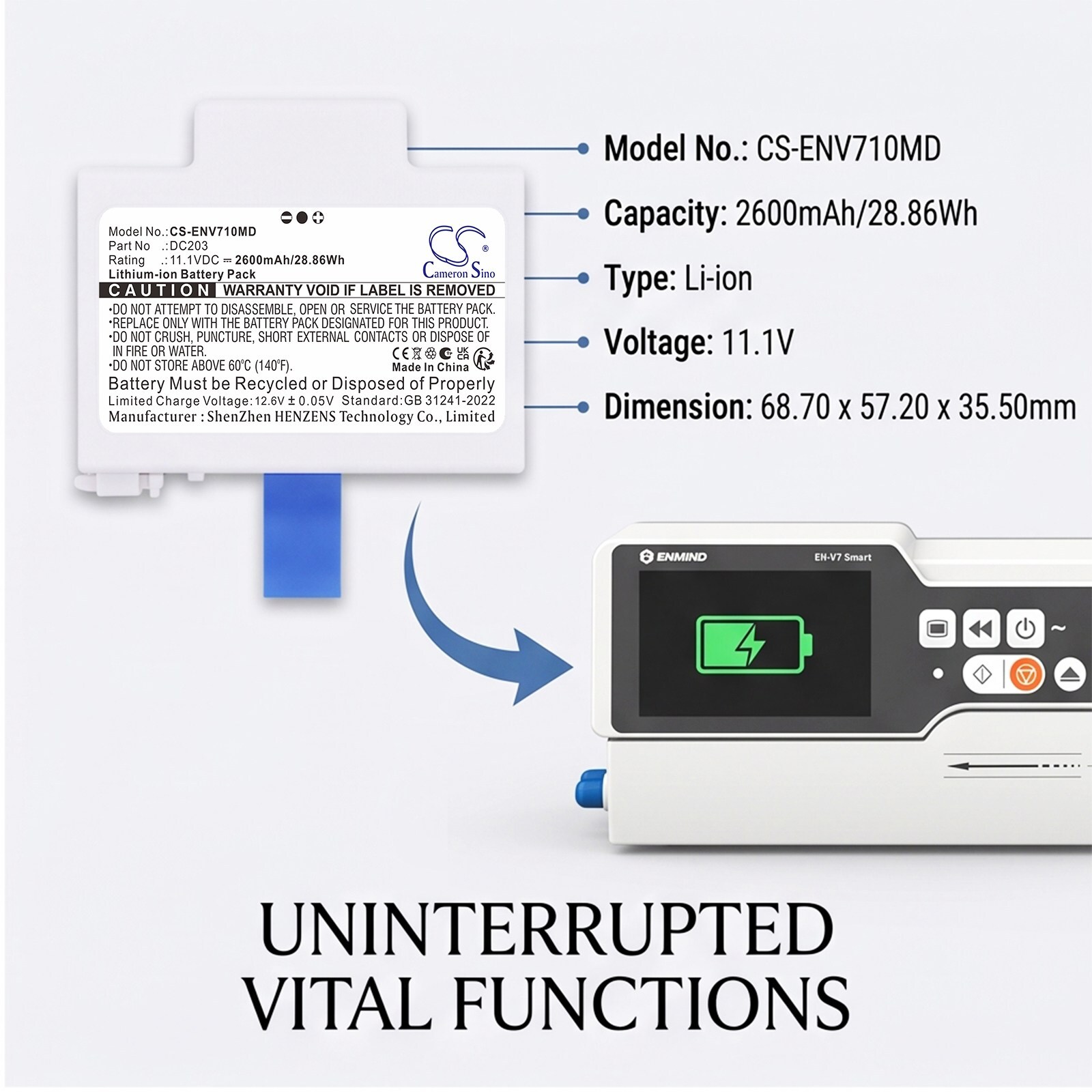 Batteri til medisinsk utstyr for ENMIND EN-V7
