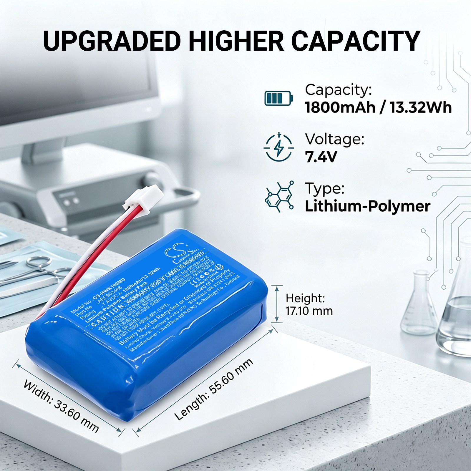 Batteri til medisinsk utstyr for Hawkmed infusjonspumpe HK-100, infusjonspumpe HK-100i m.fl.
