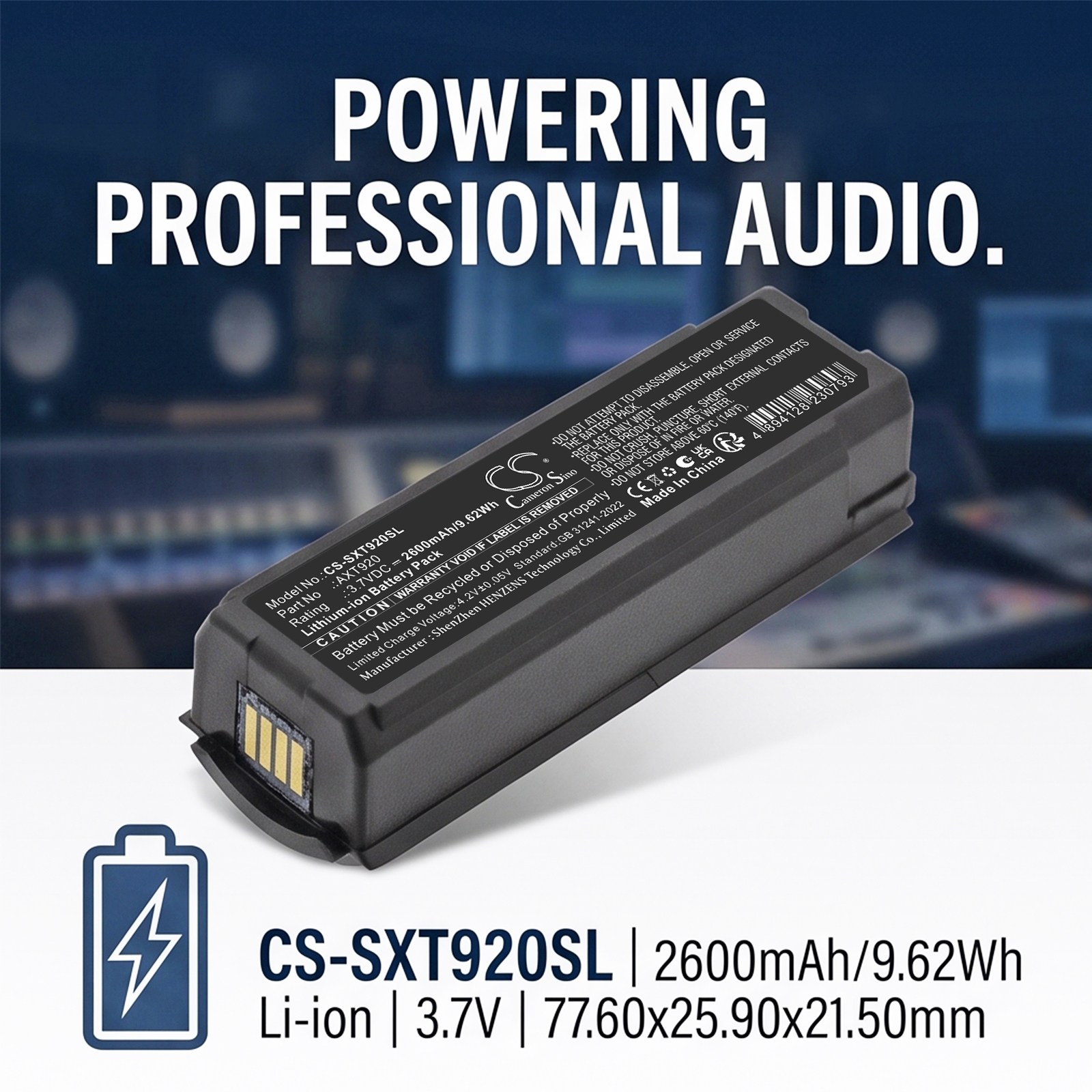 Batteri til mikrofon for Shure Axient AXT400-mottaker, AXT200 håndholdt sender