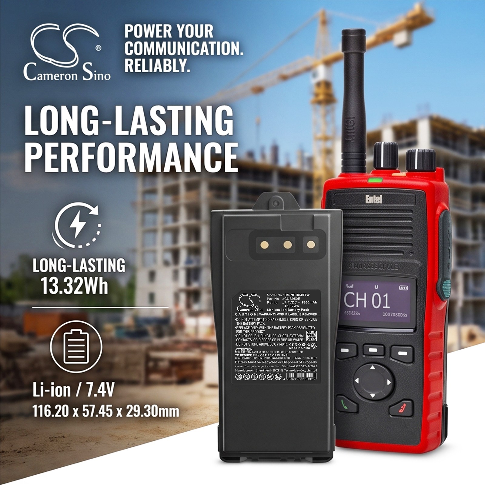 Batteri til toveisradio for Entel DT8, DT9, DT842M m.fl.