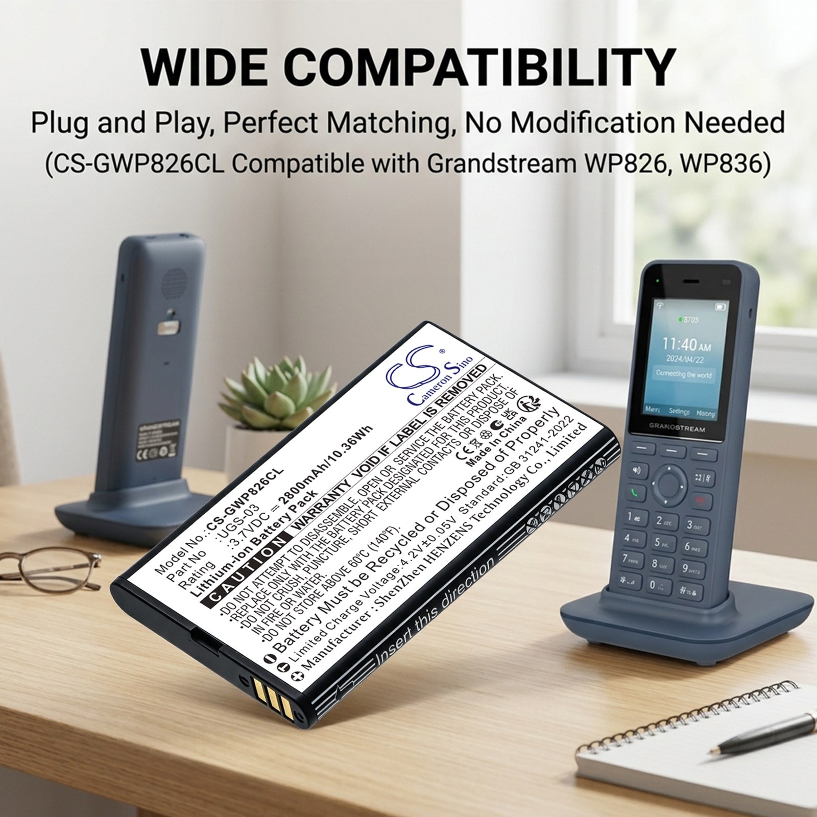 Batteri til trådløs telefon for Grandstream WP836, WP826