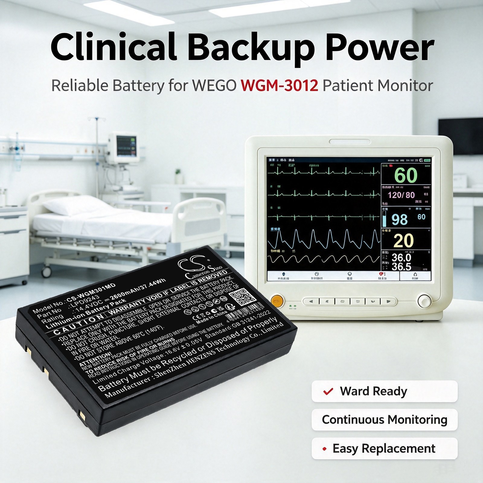 Batteri til medisinsk utstyr for WEGO WGM-3012, M3000P, WGS1010 m.fl.