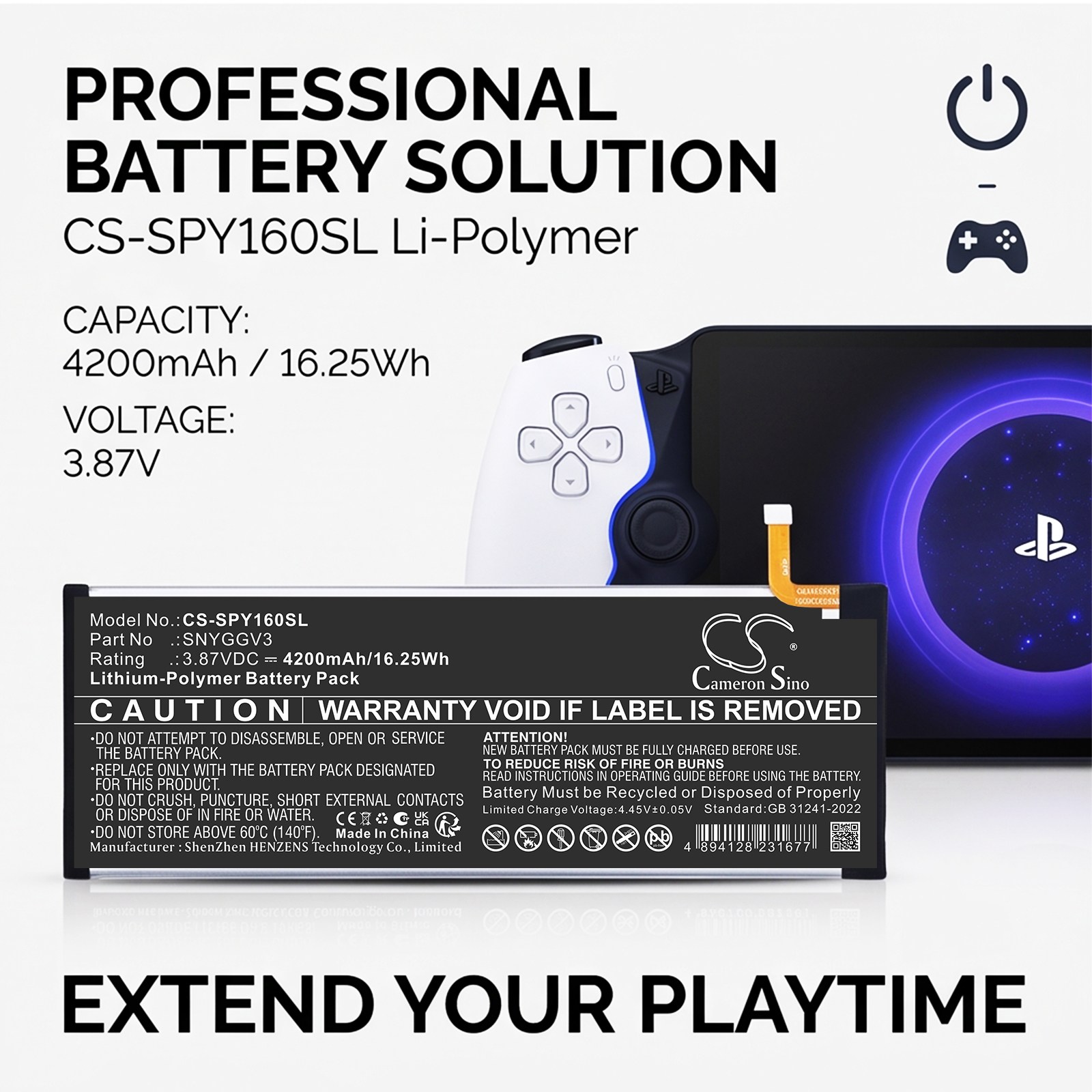 Batteri til spillkonsoll for Sony PS5 PlayStation Portable Remote Player, CFI-Y1016
