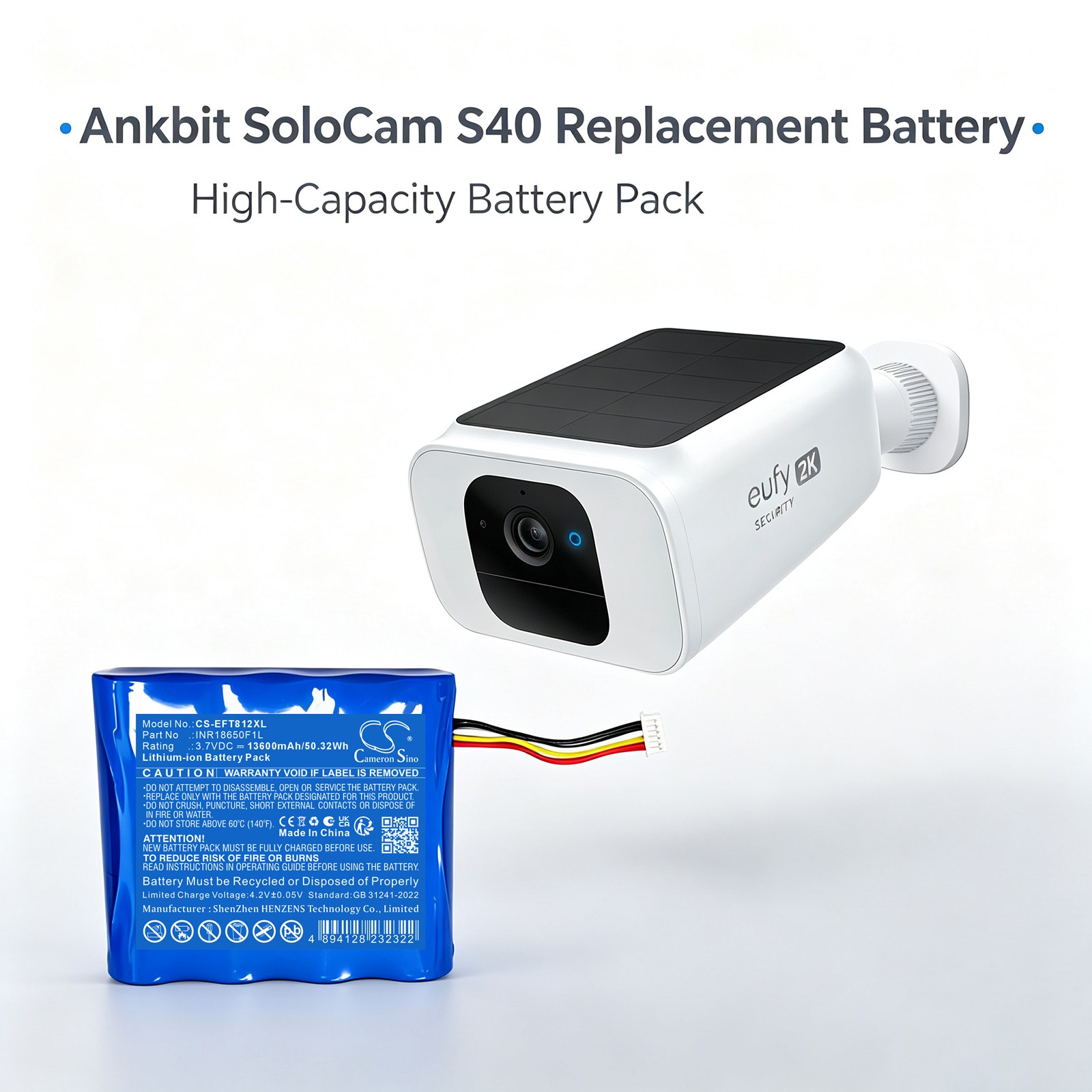 Batteri til Eufy T81241W1, SoloCam S40 sikkerhetskamera for hjemmet