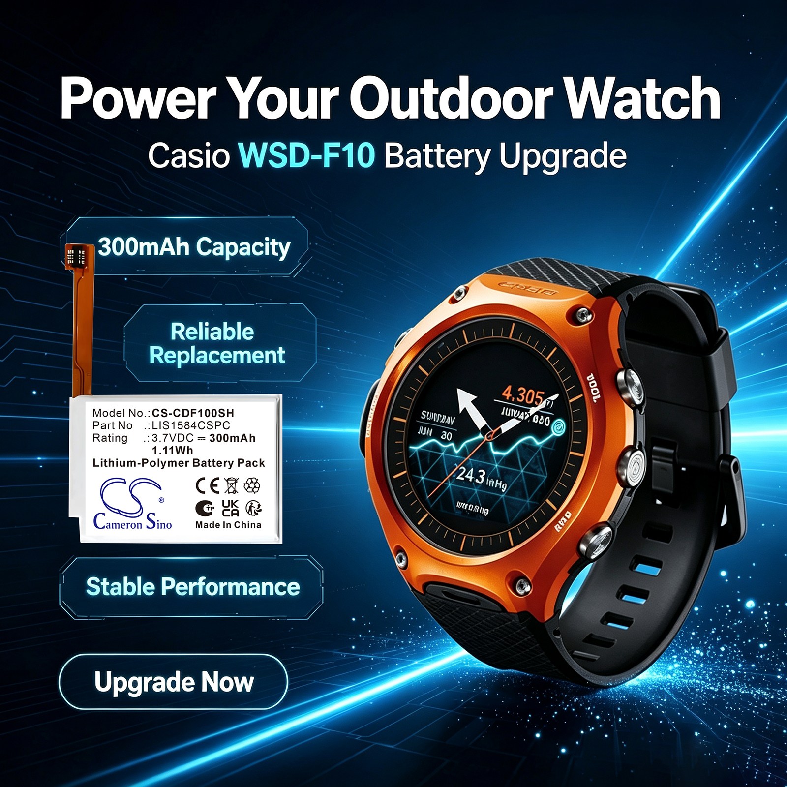 Batteri til smartklokke for Casio WSD-F10, WSD-F20, WSD-F21 m.fl.