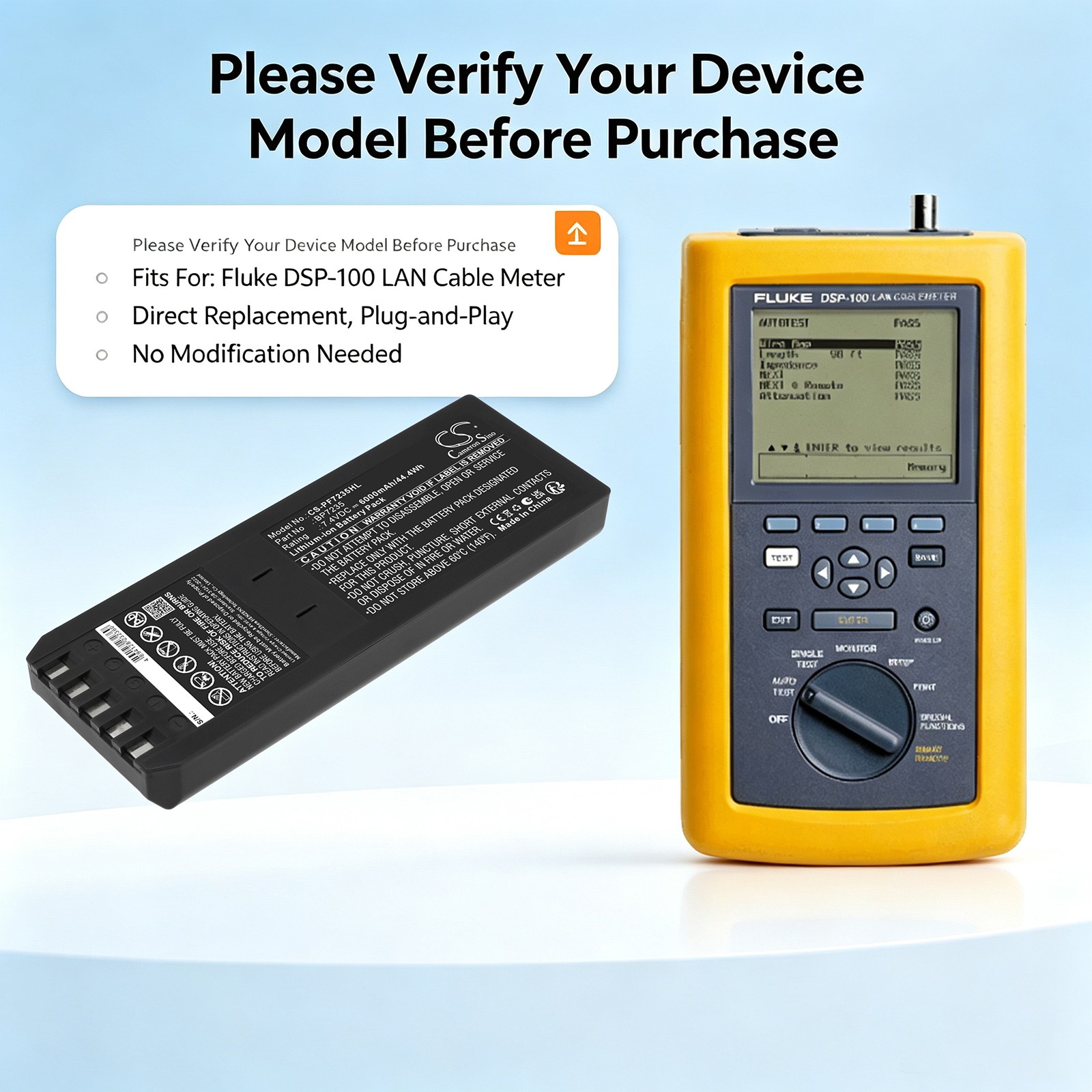 Batteri til kartlegging og testing, utstyr til Fluke DSP-100, DSP-4100, DSP-2000 m.fl.