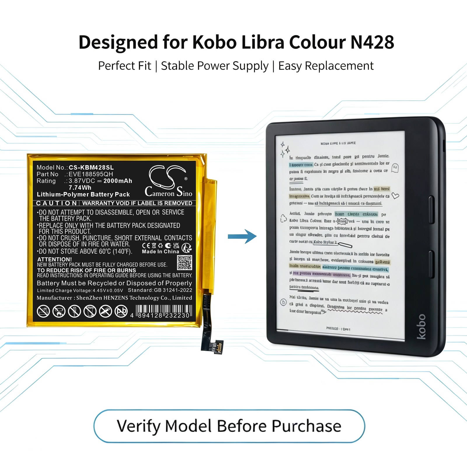 Batteri til e-bok, e-leser for Kobo Libra Colour, N428
