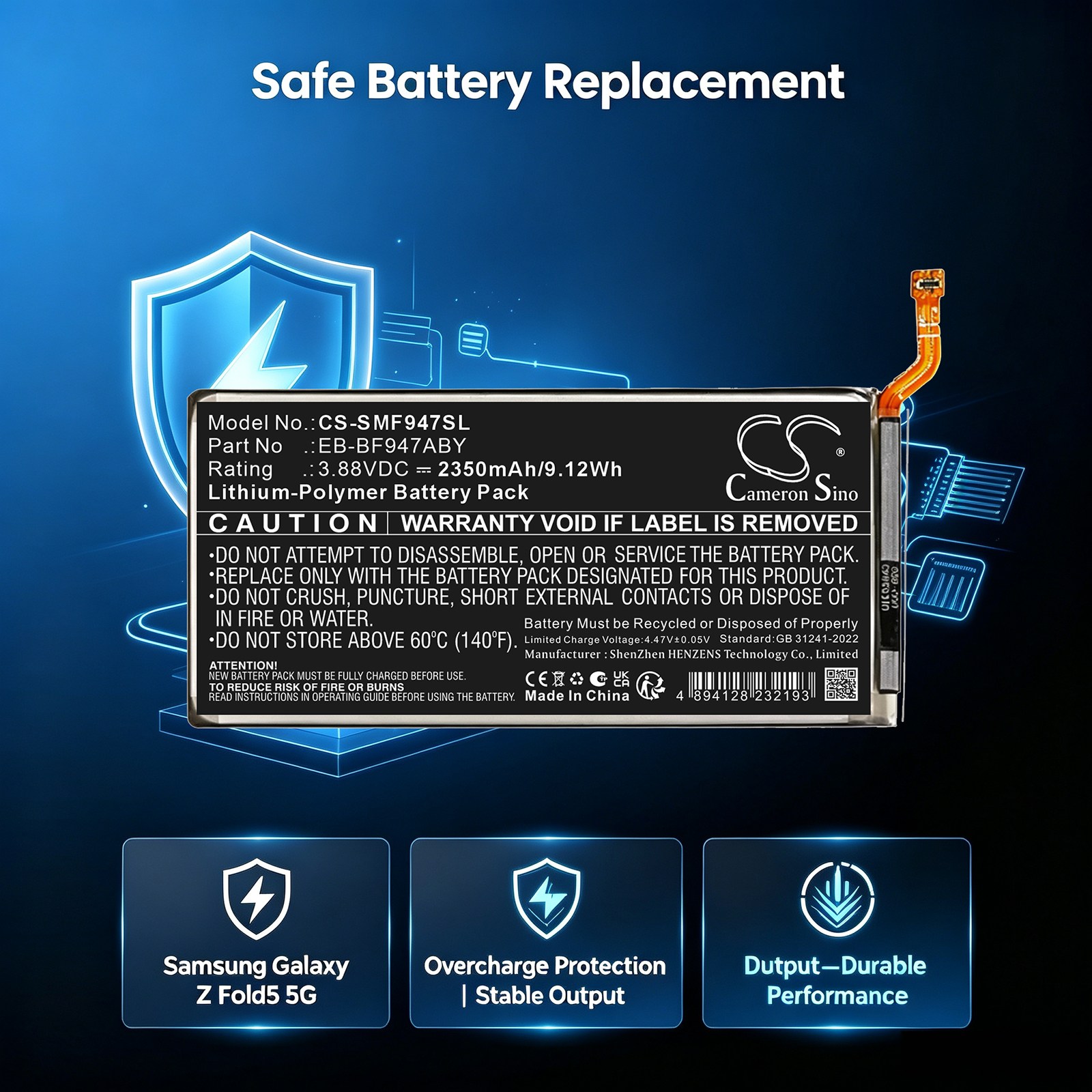 Batteri til mobiltelefon, smarttelefon for Samsung Galaxy Z Fold5 5G, SM-W9024, W24 5G m.fl.