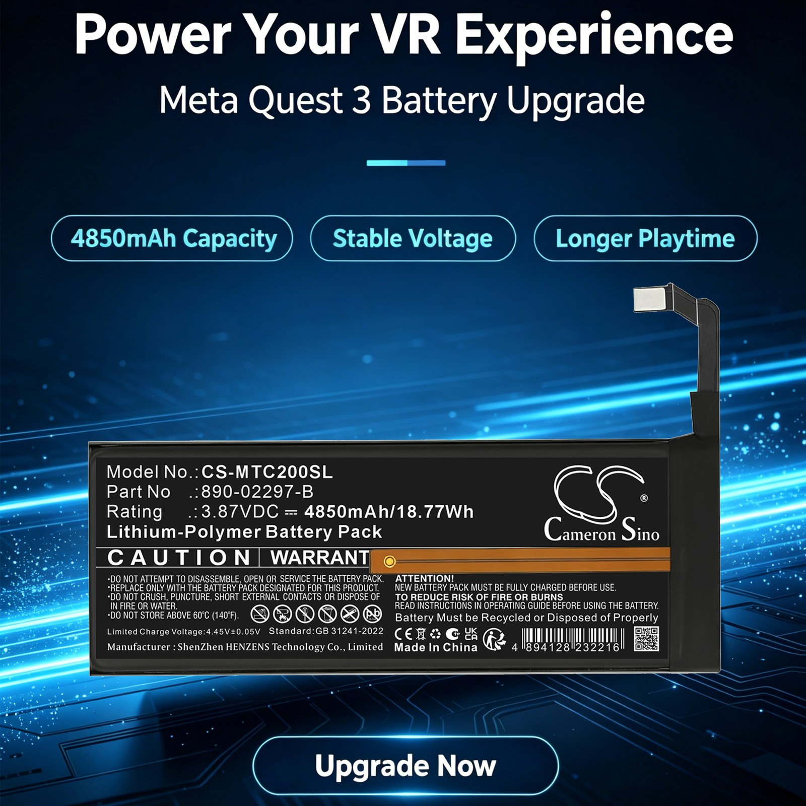 Batteri til VR for Meta Quest 2, Quest 3, MWNB1 m.fl.