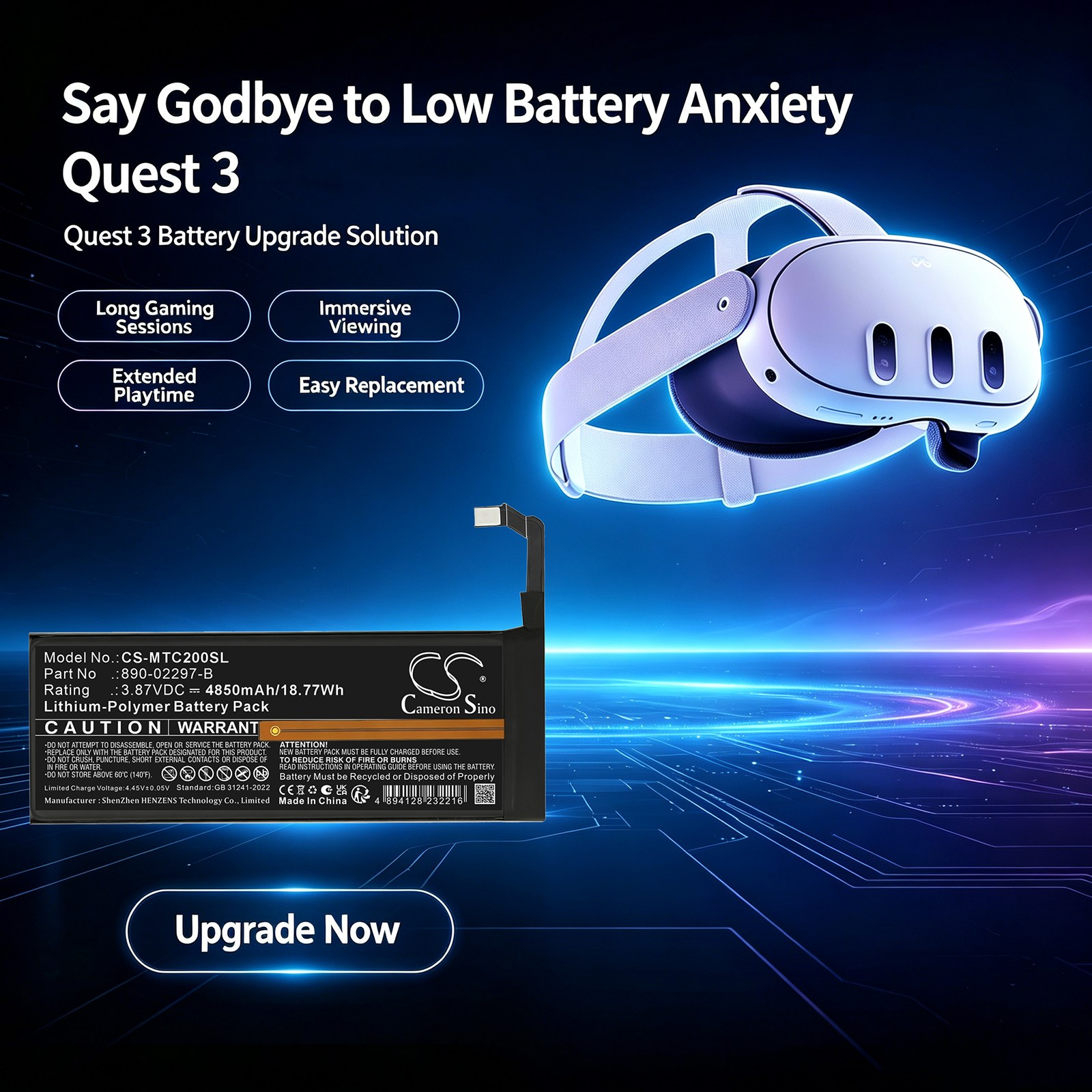 Batteri til VR for Meta Quest 2, Quest 3, MWNB1 m.fl.