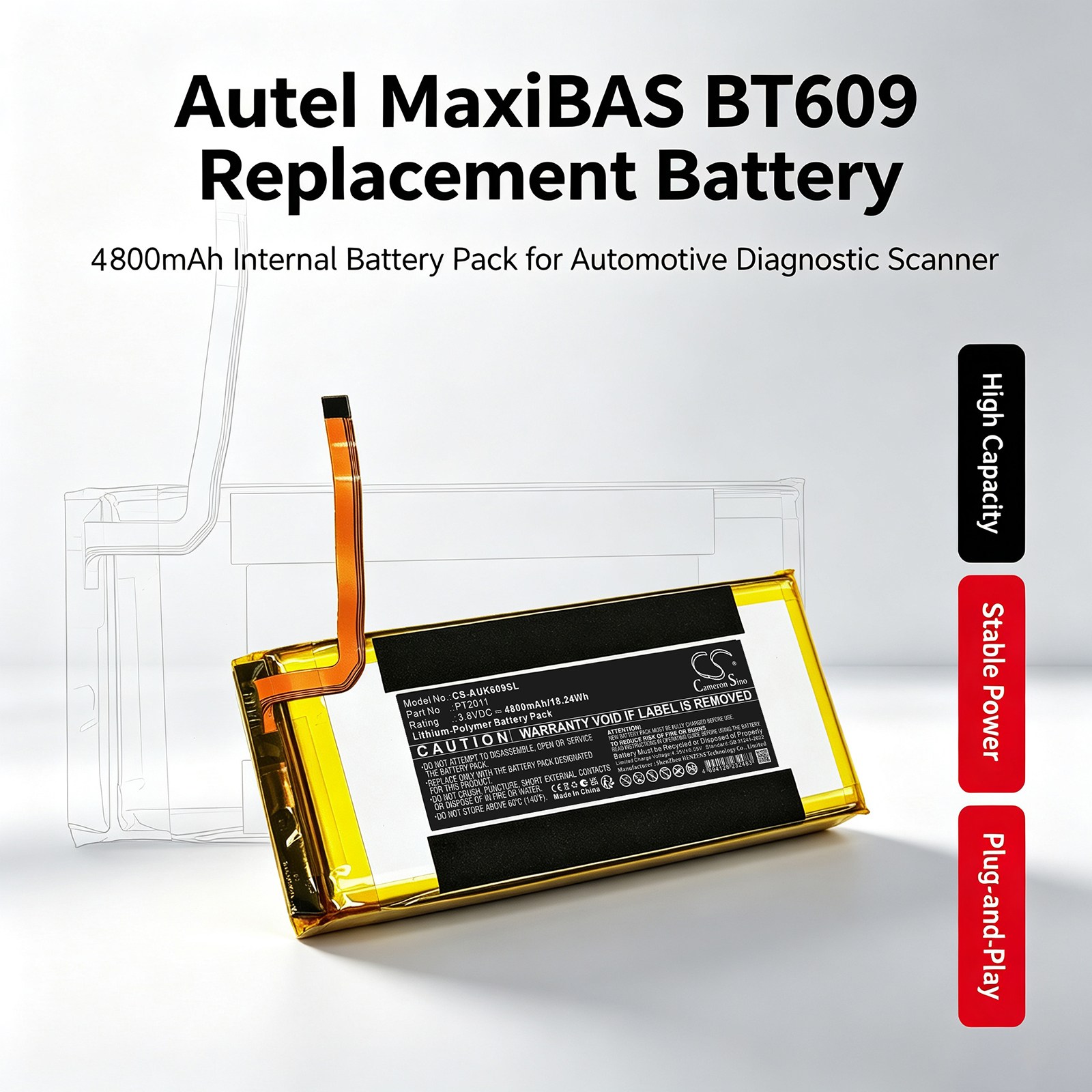 Batteri til diagnostisk skanner for Autel MaxiBAS BT609-skanneren