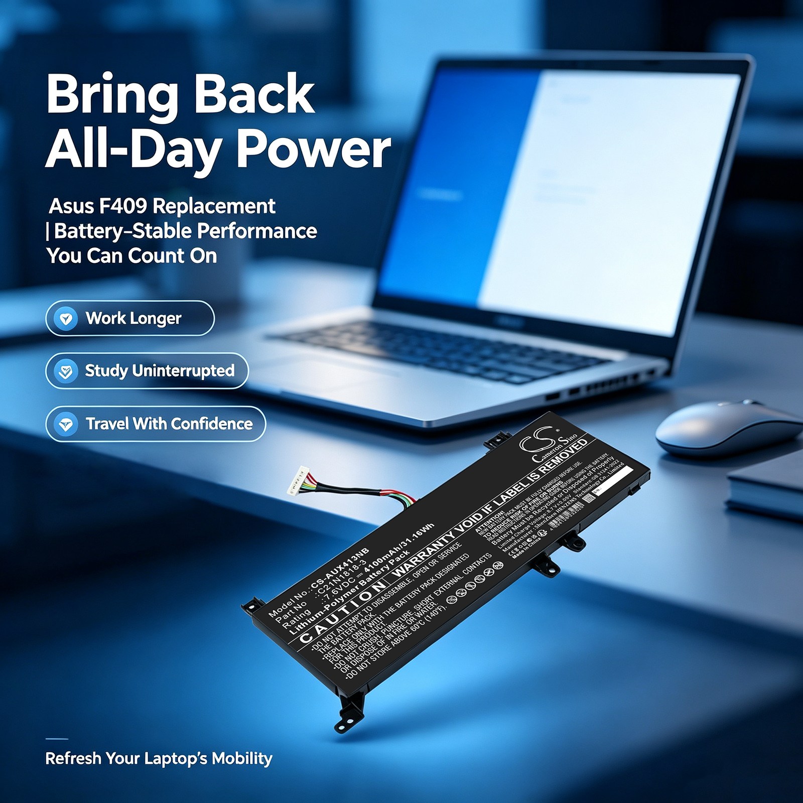Batteri til bærbar PC, til Asus VivoBook D409, F409, M409 m.fl.