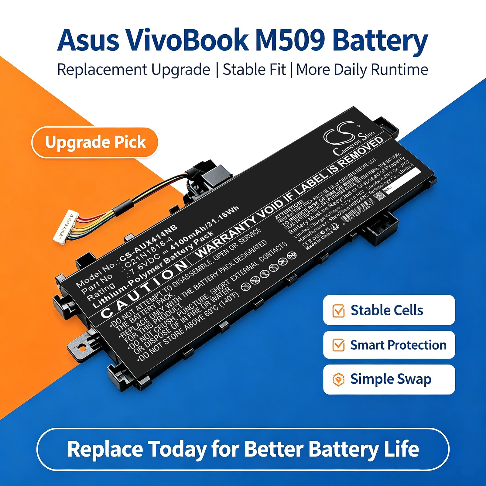 Batteri til bærbar PC, Notatbok for Asus VivoBook M509DA-EJ025T m.fl.
