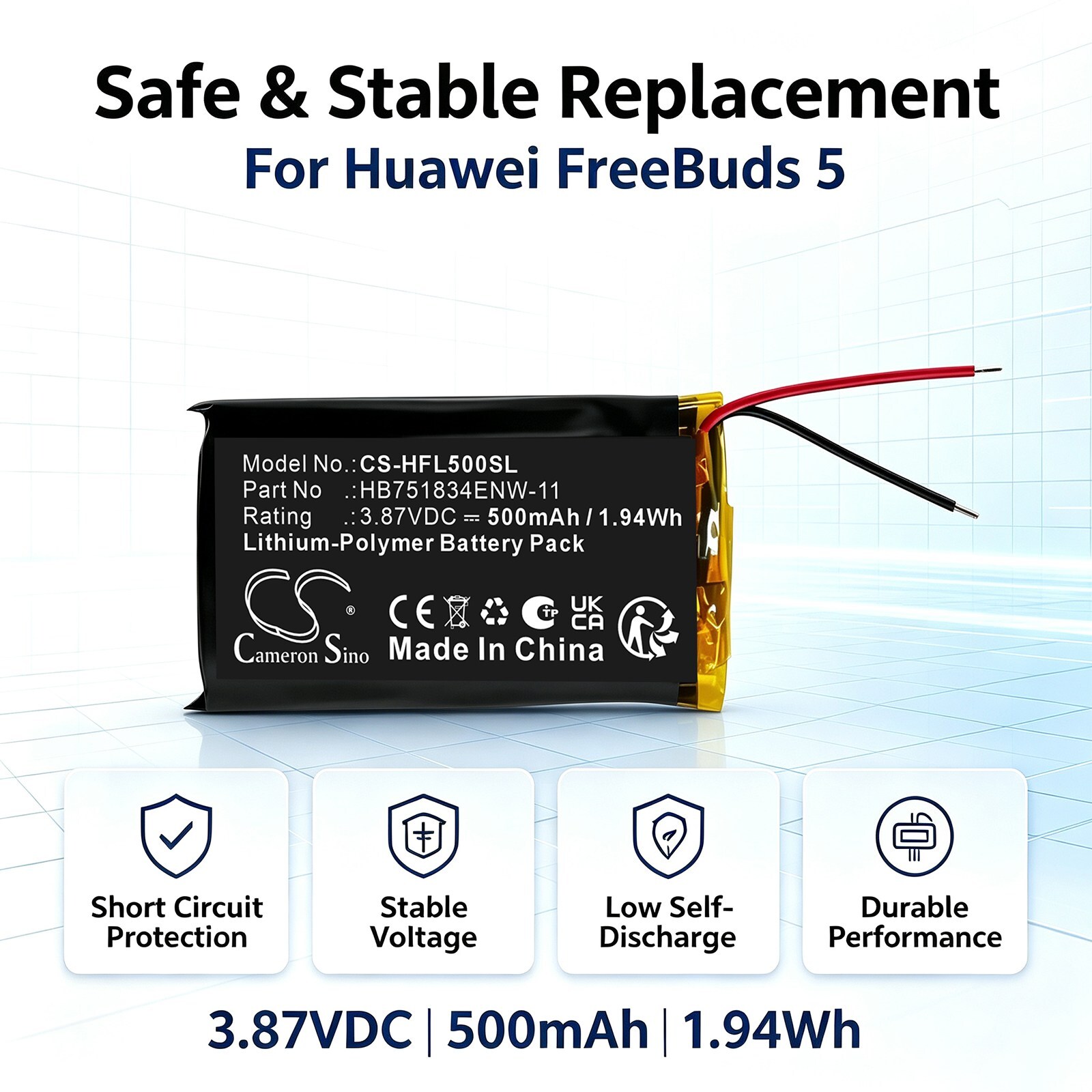Batteri til trådløst headset for Huawei FreeBuds 5, FreeBuds 6, FreeBuds 6i m.fl.