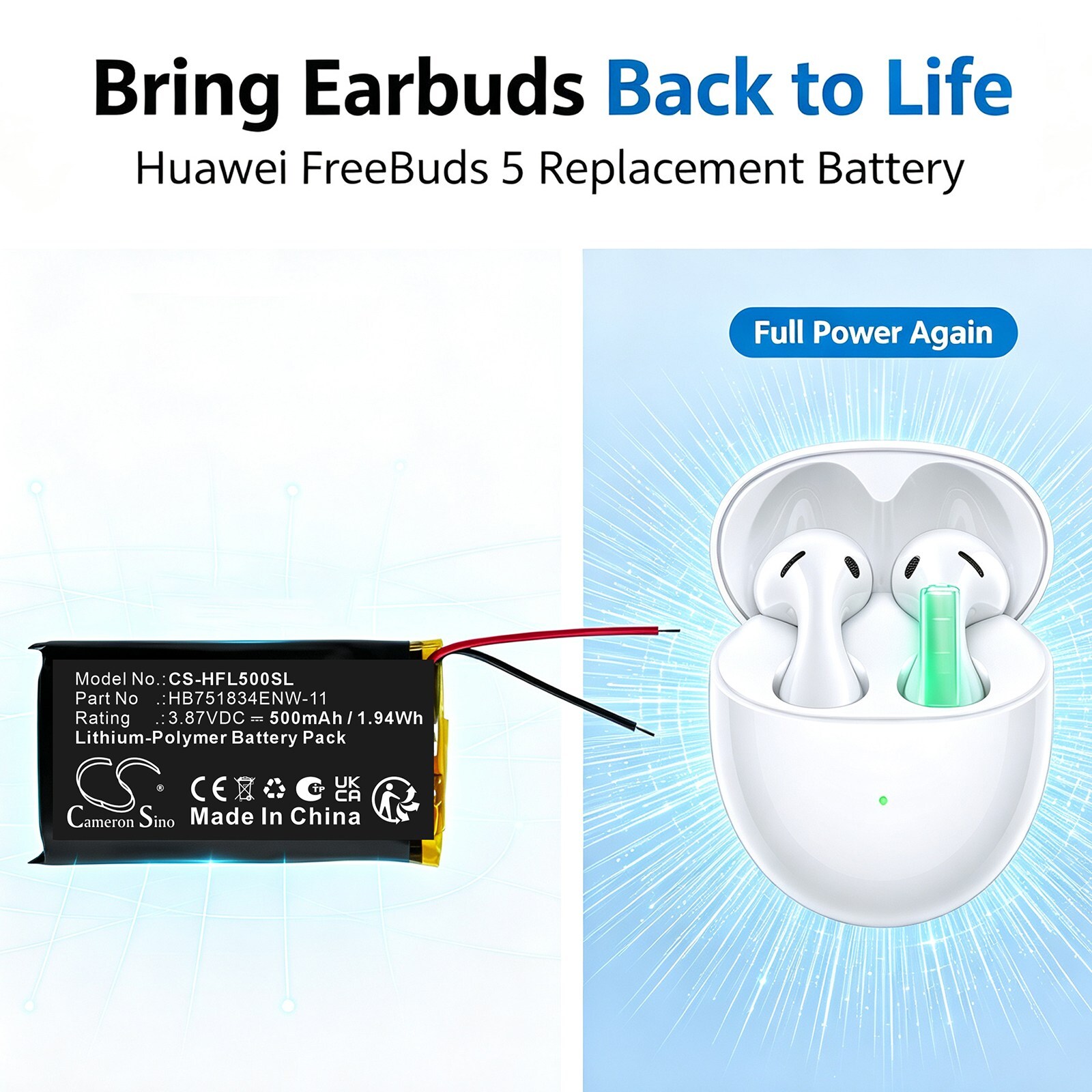 Batteri til trådløst headset for Huawei FreeBuds 5, FreeBuds 6, FreeBuds 6i m.fl.