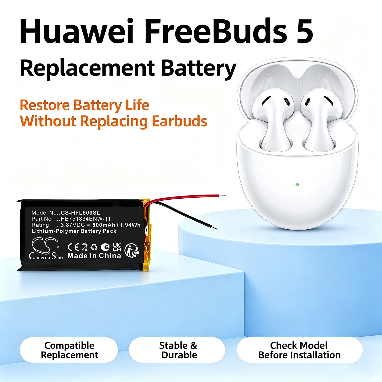 Batteri til trådløst headset for Huawei FreeBuds 5, FreeBuds 6, FreeBuds 6i m.fl.