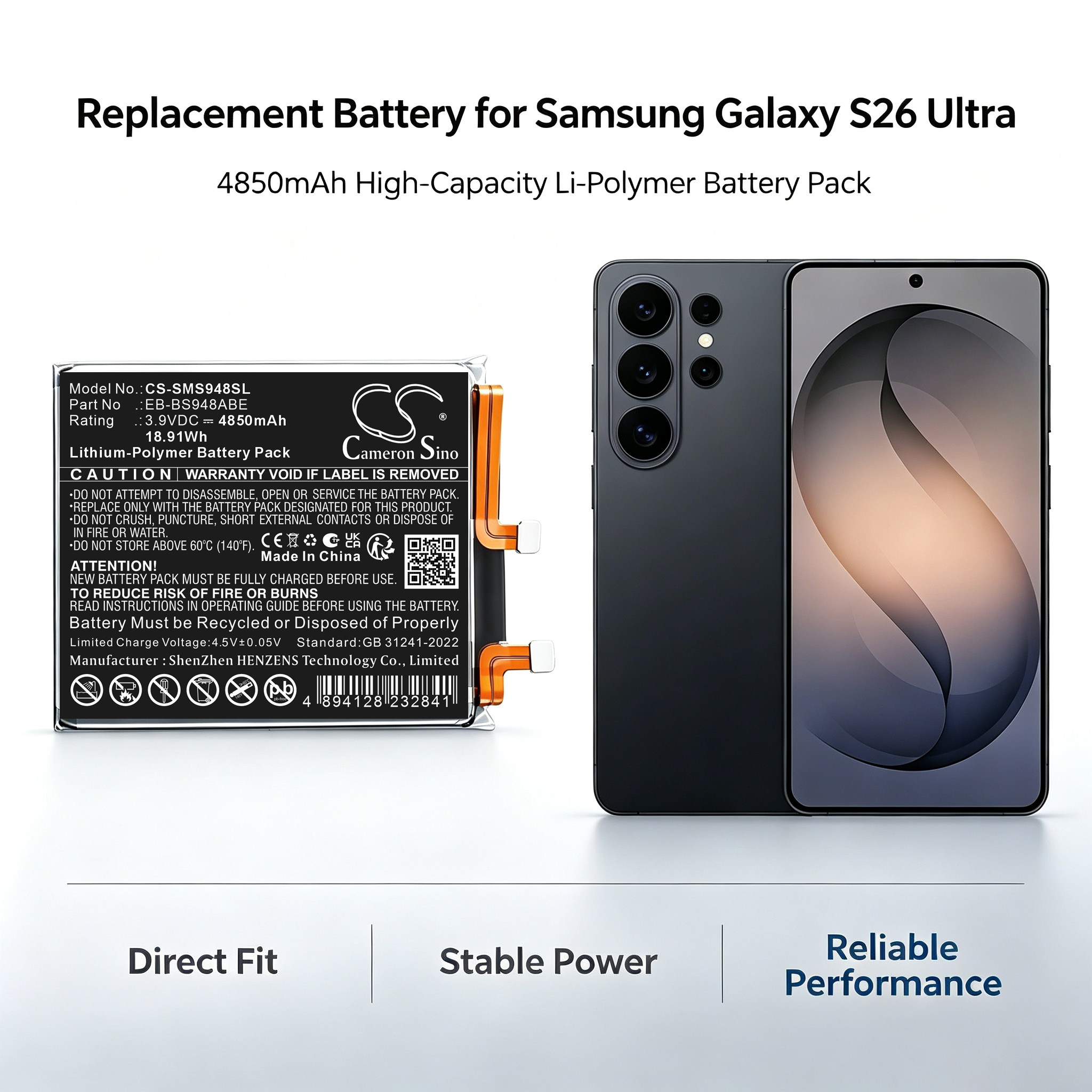 Batteri til mobiltelefon, smarttelefon for Samsung Galaxy S26 Ultra, SM-S948N, SM-S948B m.fl.