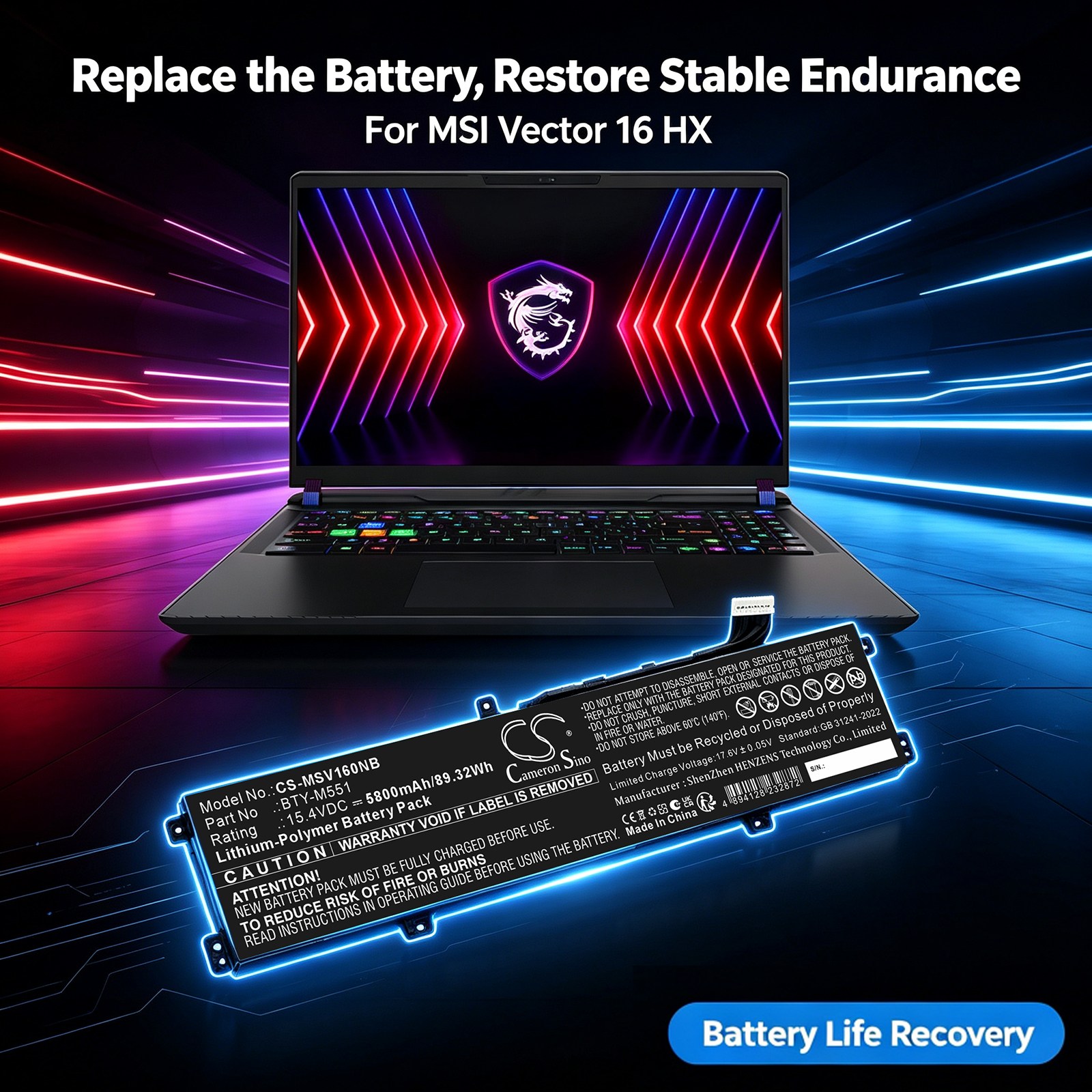 Batteri til bærbar PC, til MSI Vector 16, Vector 16 HX m.fl.