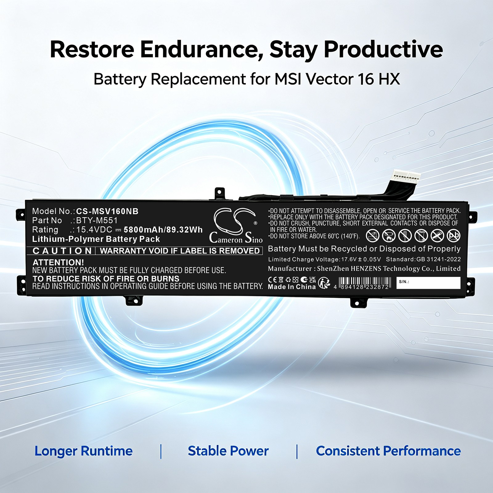 Batteri til bærbar PC, til MSI Vector 16, Vector 16 HX m.fl.
