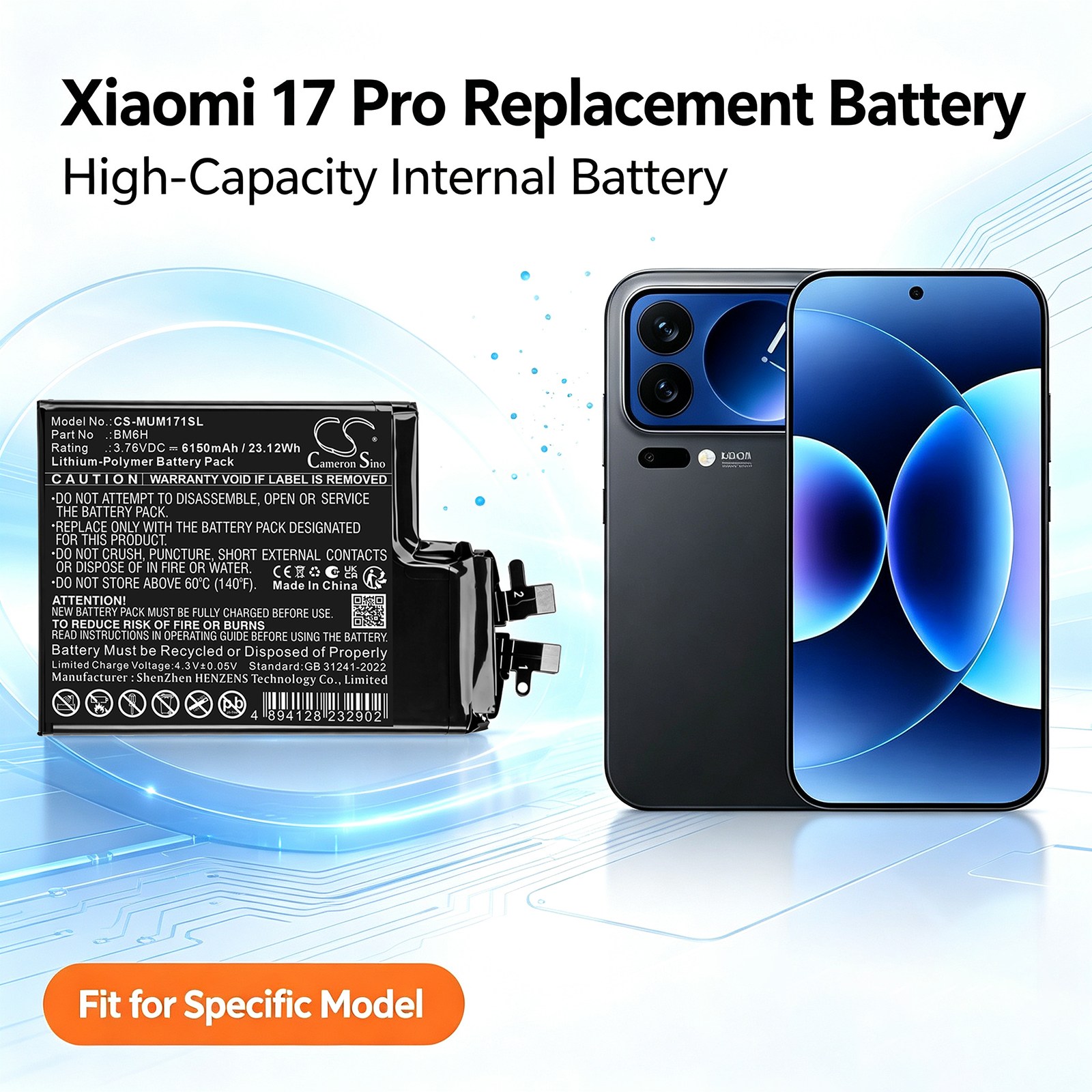 Batteri til mobiltelefon, smarttelefon for Xiaomi 17 Pro
