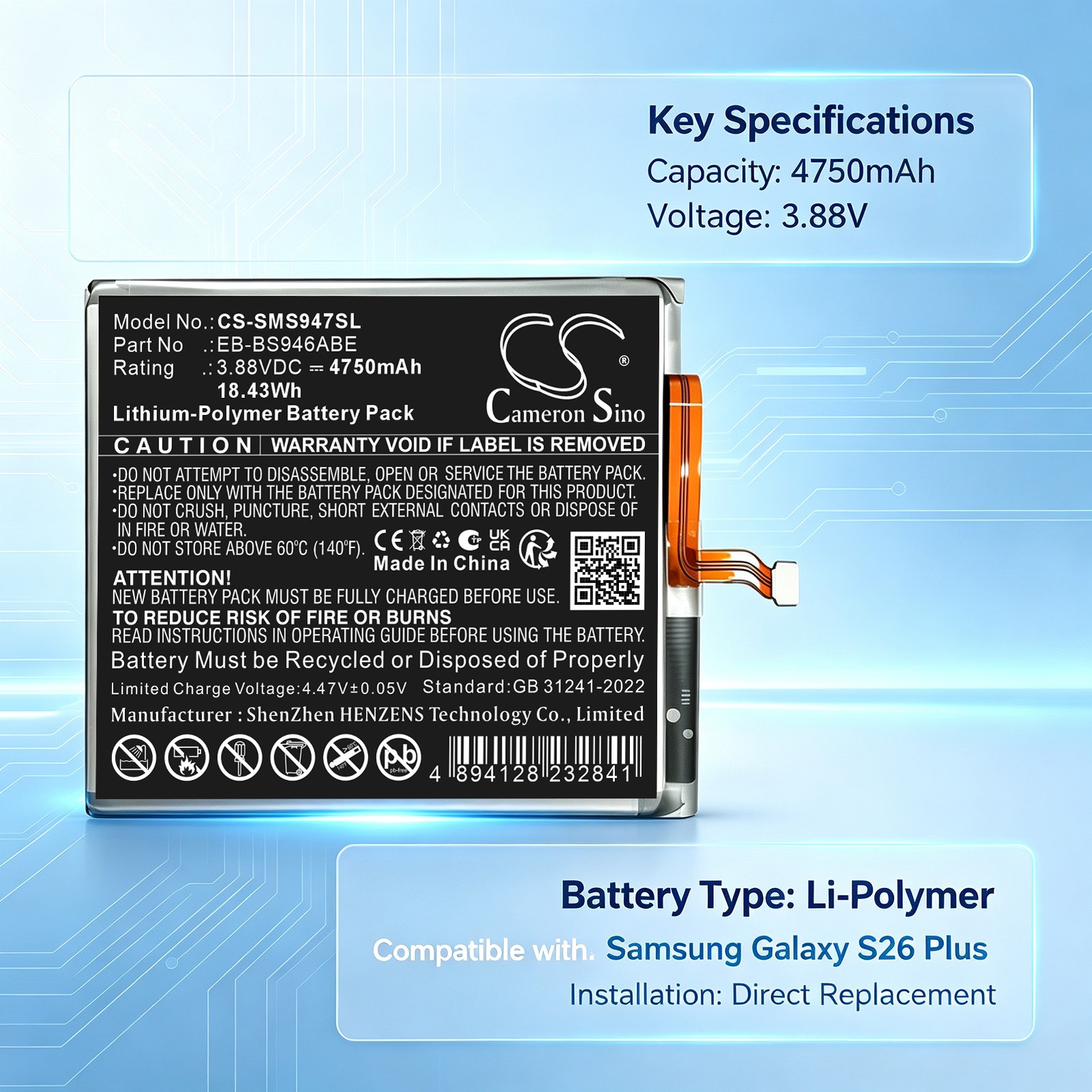 Batteri til mobiltelefon, smarttelefon for Samsung Galaxy S26+, Galaxy S26 Plus m.fl.