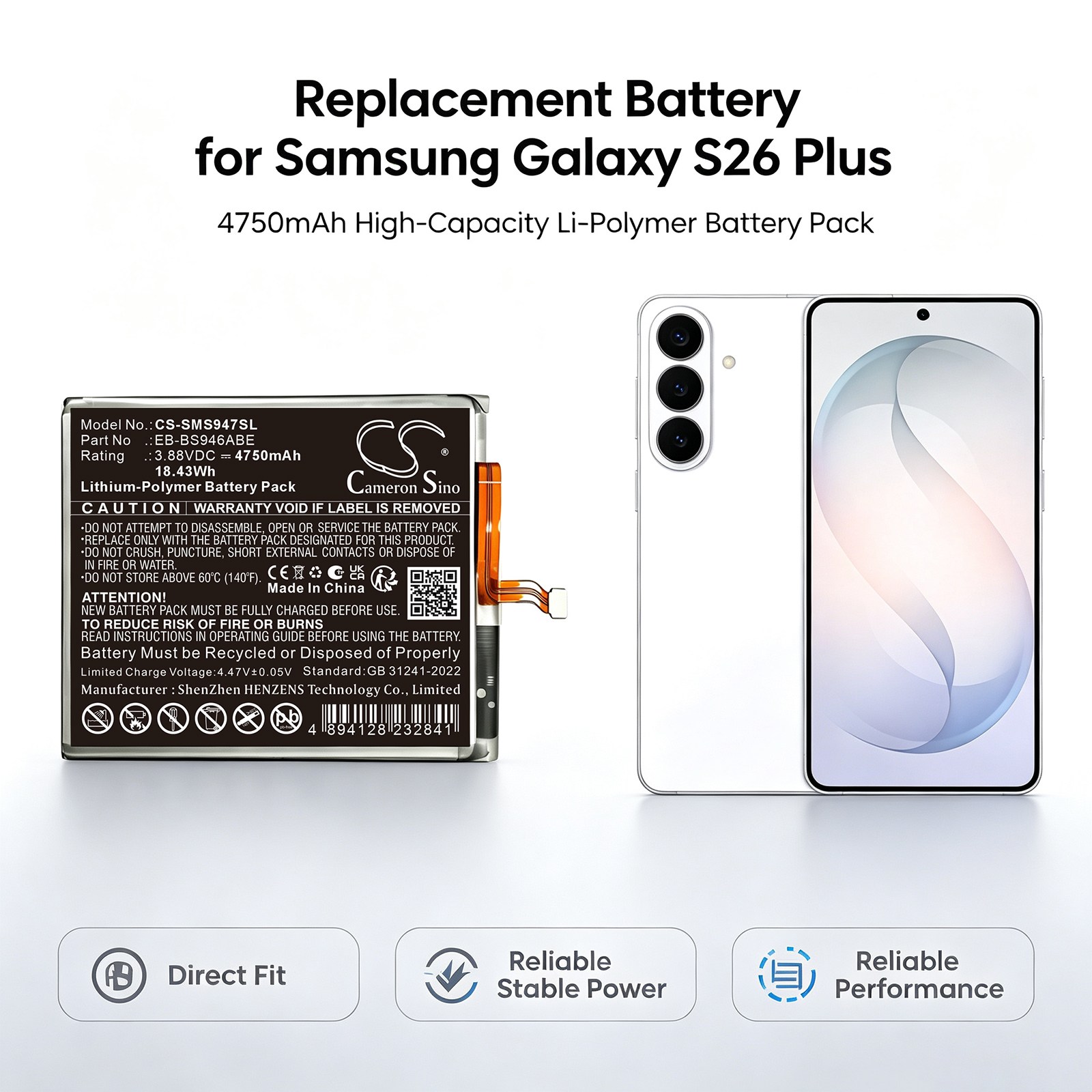 Batteri til mobiltelefon, smarttelefon for Samsung Galaxy S26+, Galaxy S26 Plus m.fl.