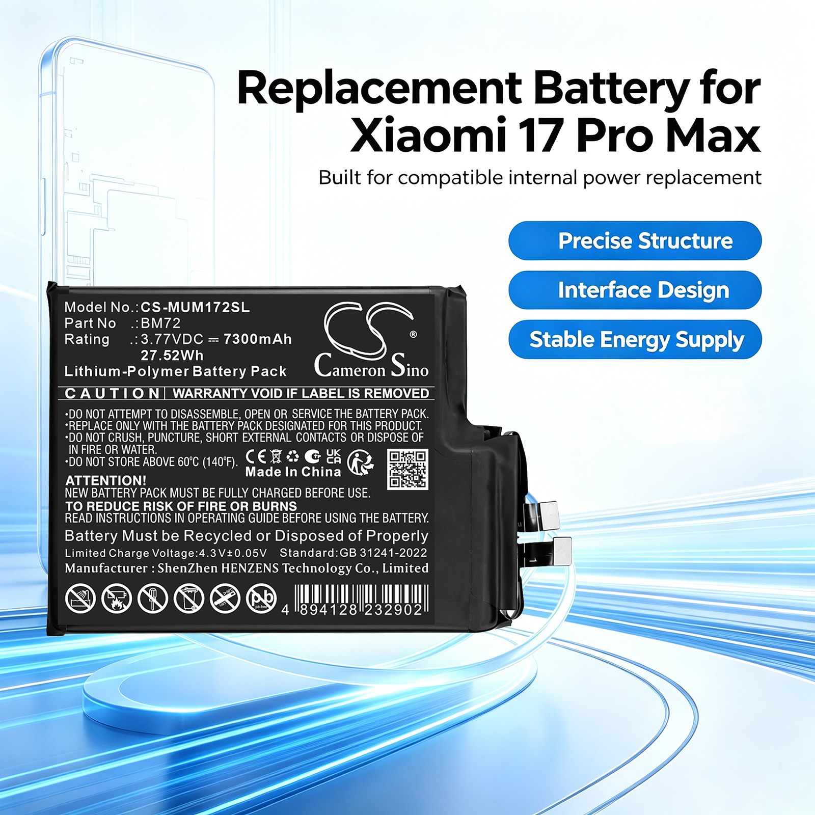 Batteri til mobiltelefon, smarttelefon for Xiaomi Mi 17 Pro Max, 2509FPN0BC