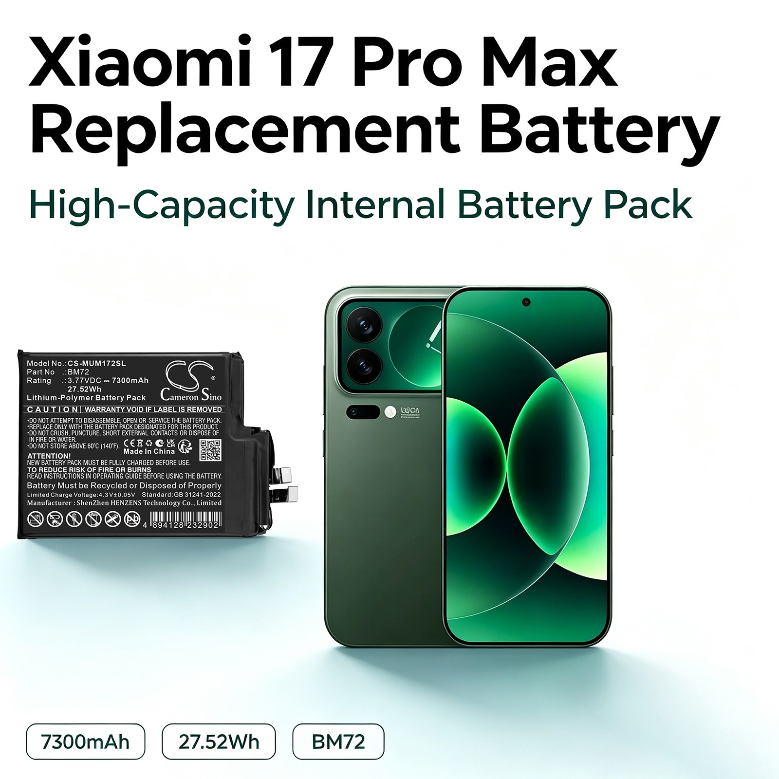 Batteri til mobiltelefon, smarttelefon for Xiaomi Mi 17 Pro Max, 2509FPN0BC