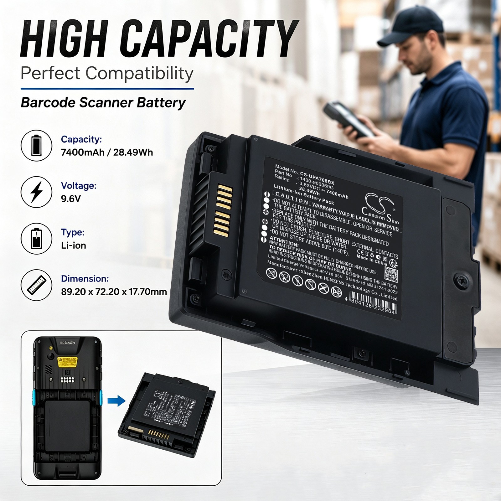 Batteri til strekkodeleser for Unitech PA768, PA768 robust mobil datamaskin