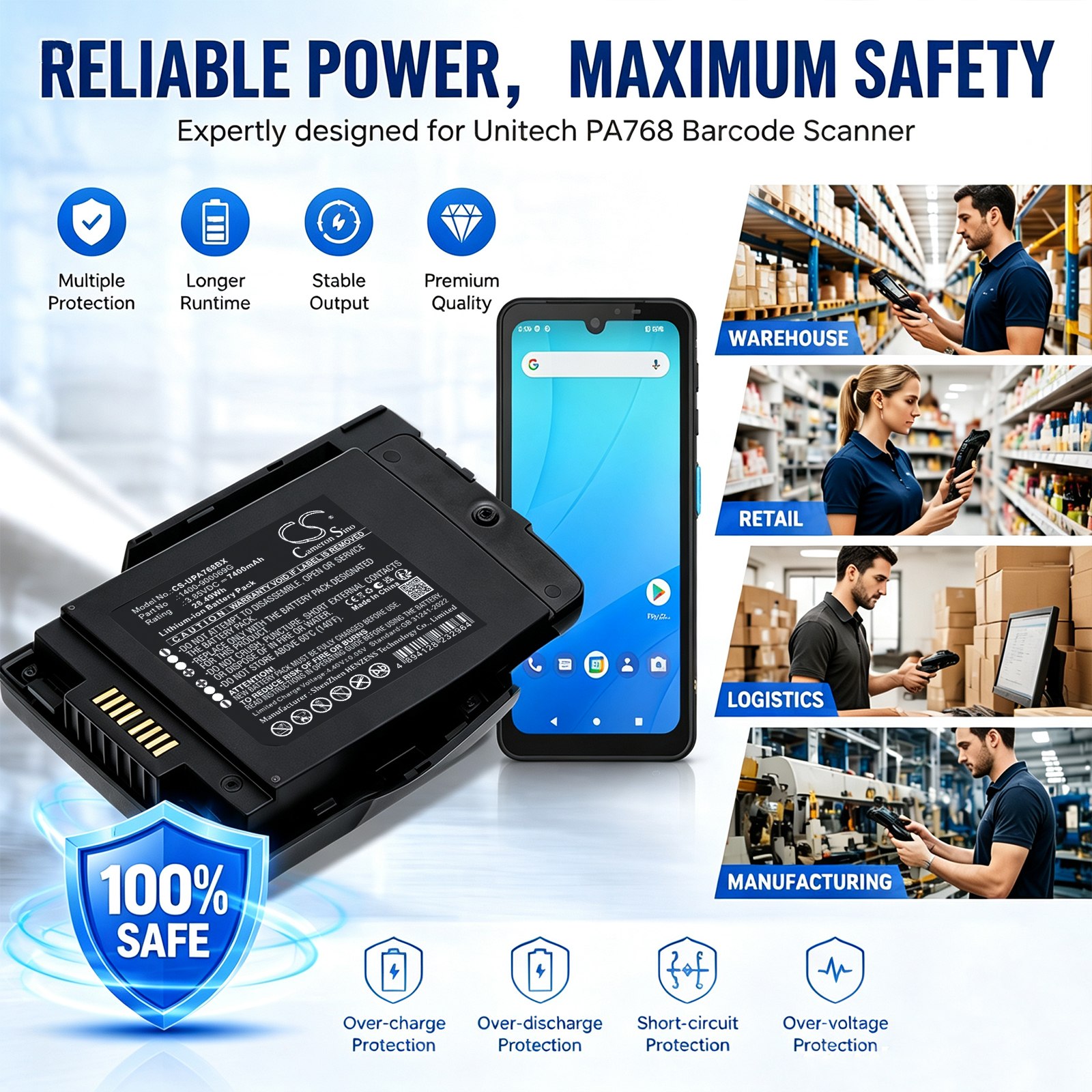 Batteri til strekkodeleser for Unitech PA768, PA768 robust mobil datamaskin