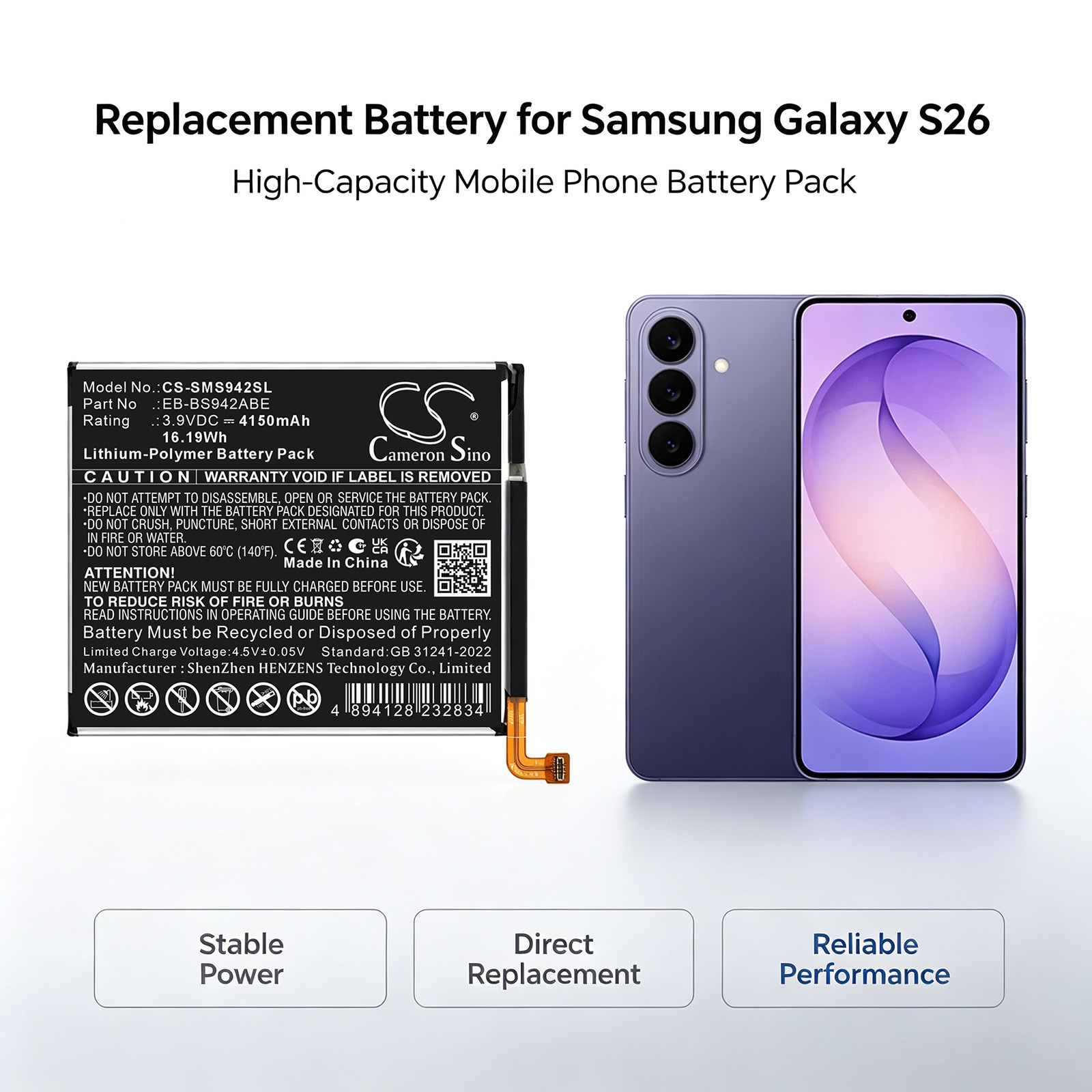 Batteri til mobiltelefon, smarttelefon for Samsung SM-S942A, SM-S942B, SM-S942C m.fl.