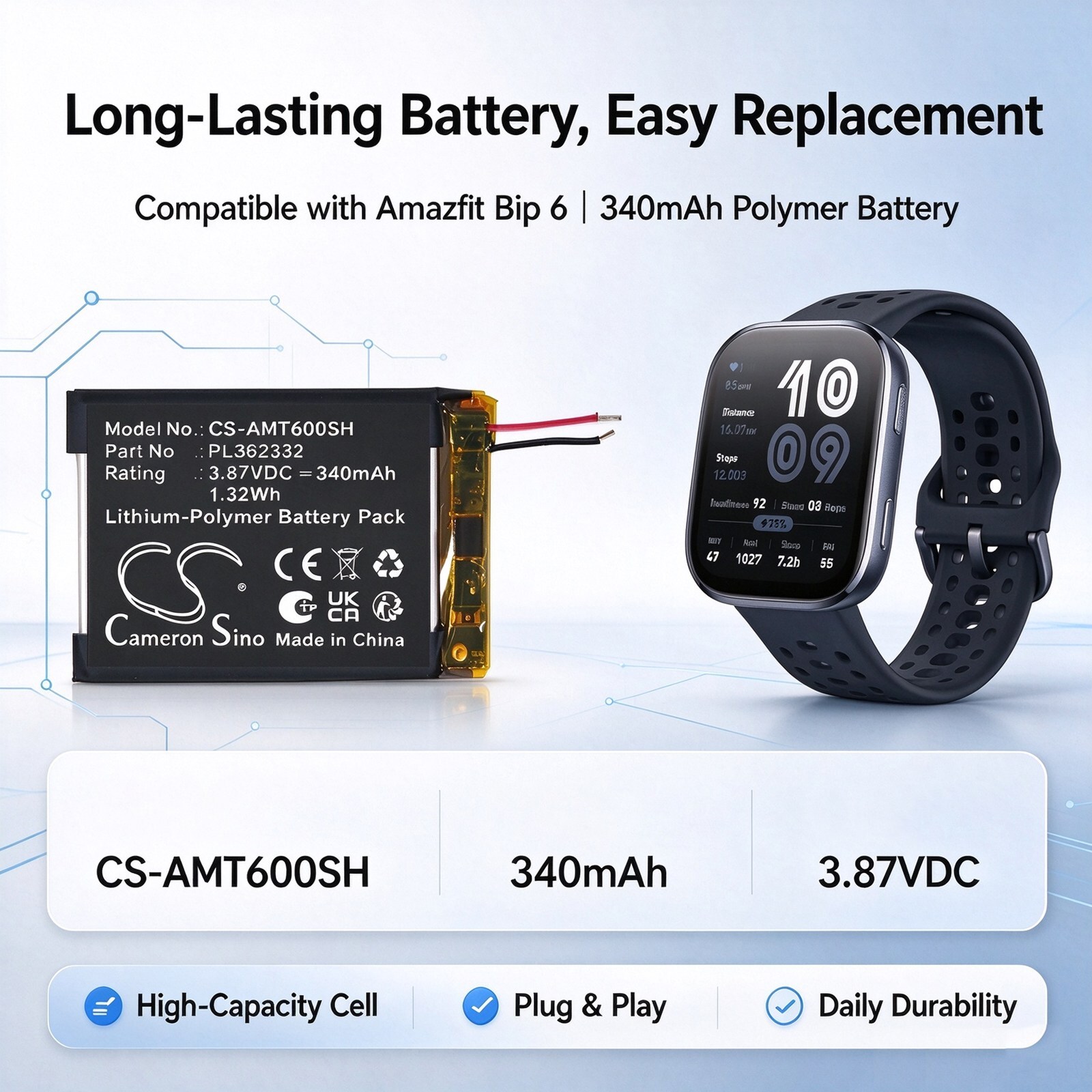 Batteri til smartklokke for Amazfit Bip 6, A2435