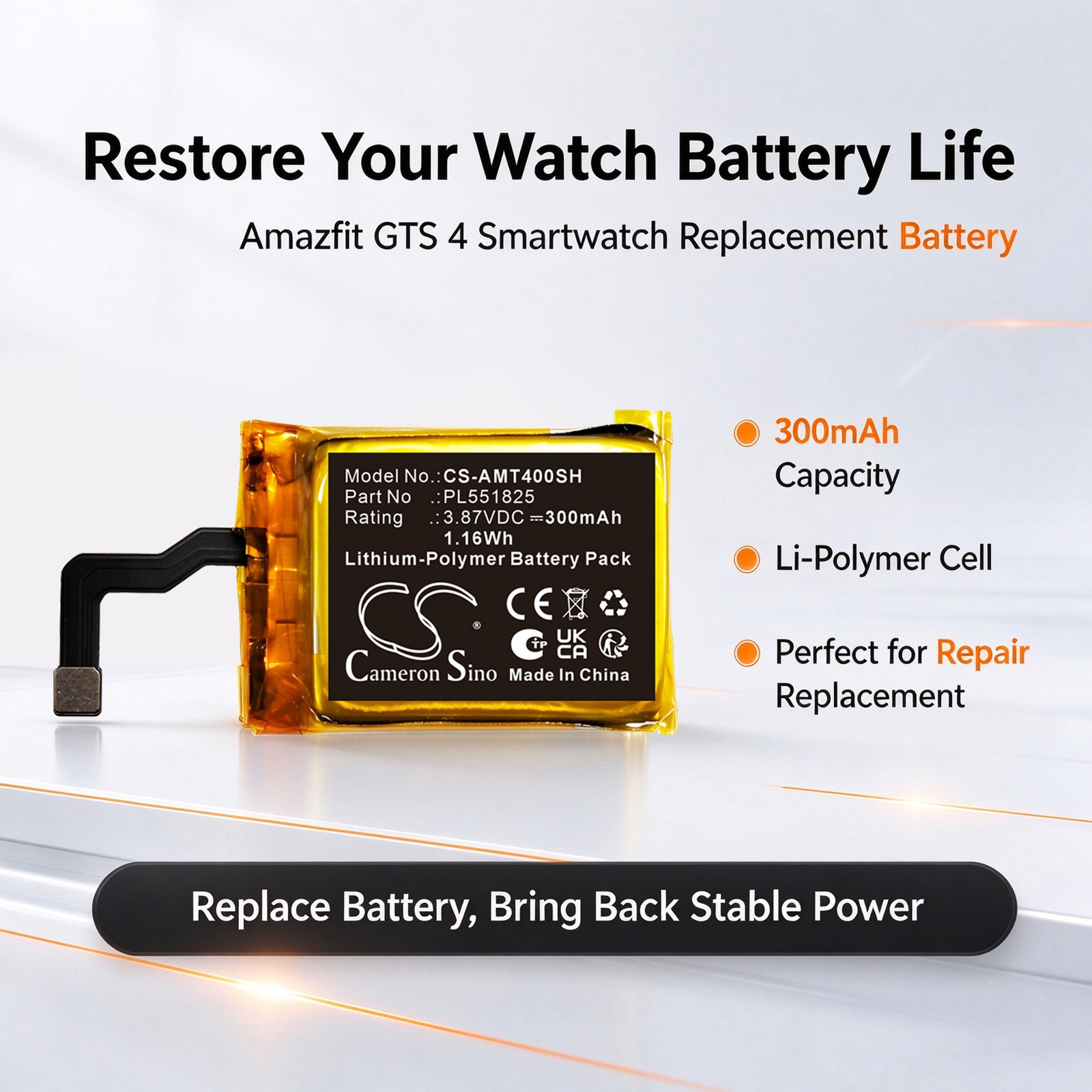 Batteri til smartklokke for Amazfit GTS 4, A2168
