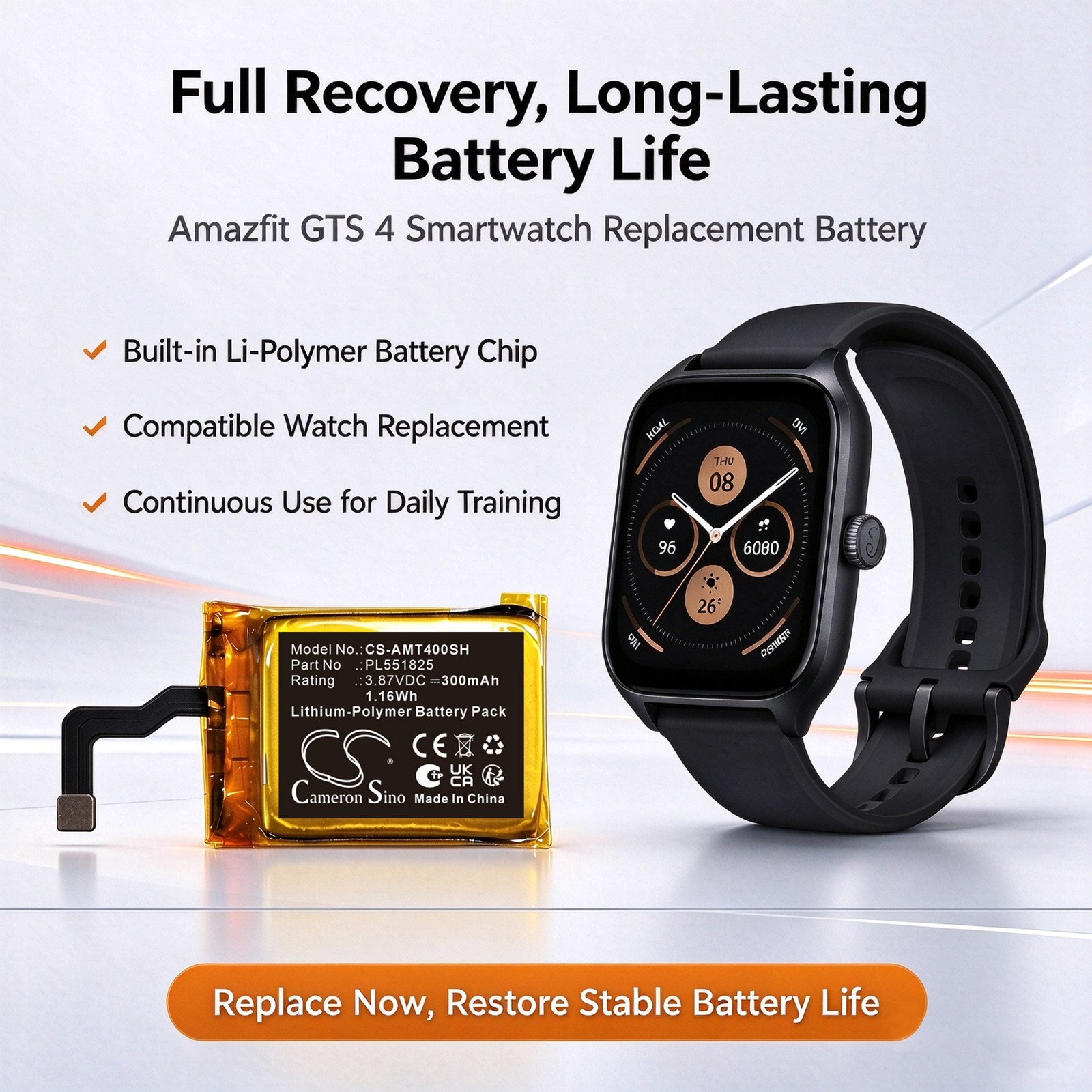 Batteri til smartklokke for Amazfit GTS 4, A2168