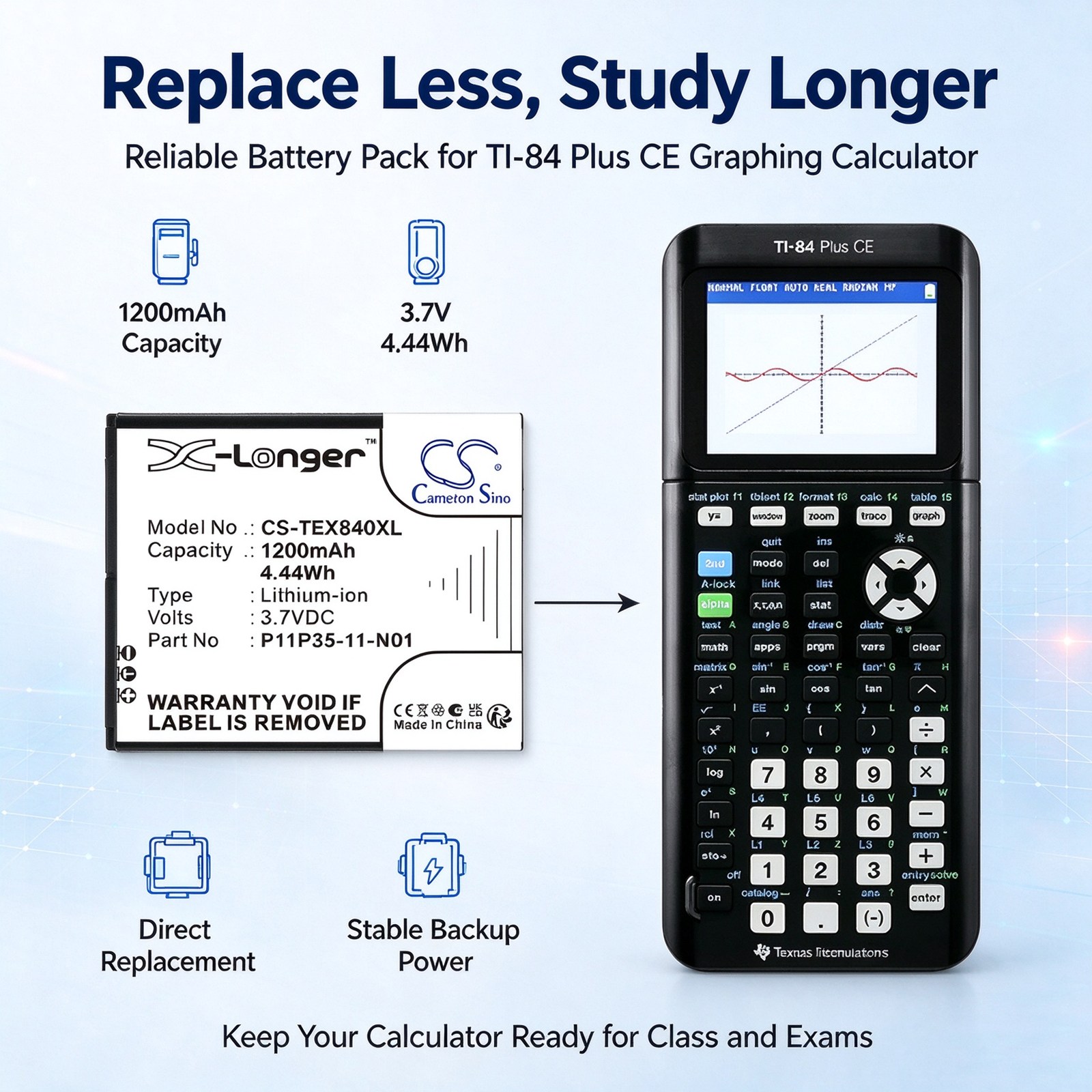 Batteri til kalkulatorer fra Texas Instruments: TI-84 CE, TI Nspire CX, TI-84 Plus CE m.fl.