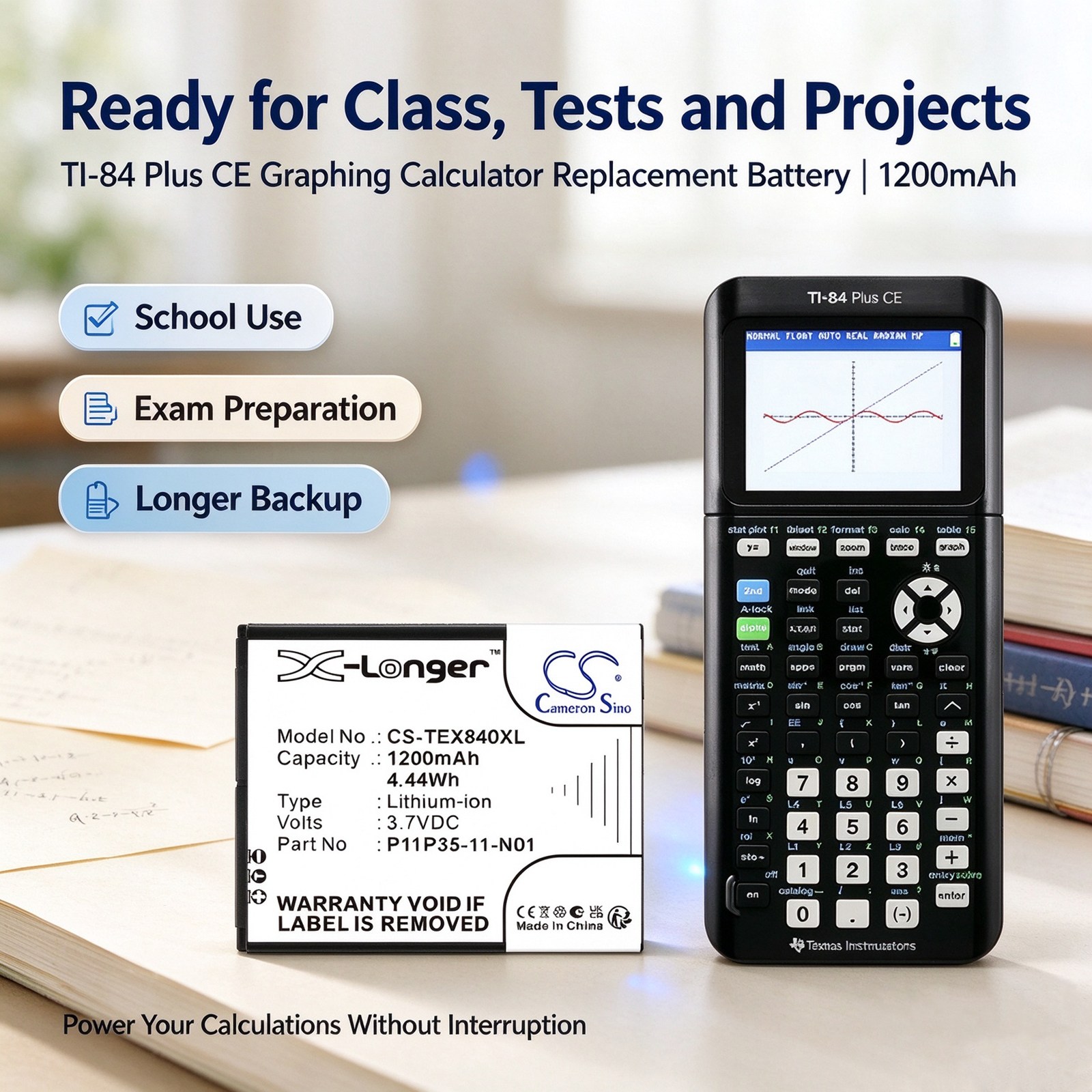 Batteri til kalkulatorer fra Texas Instruments: TI-84 CE, TI Nspire CX, TI-84 Plus CE m.fl.