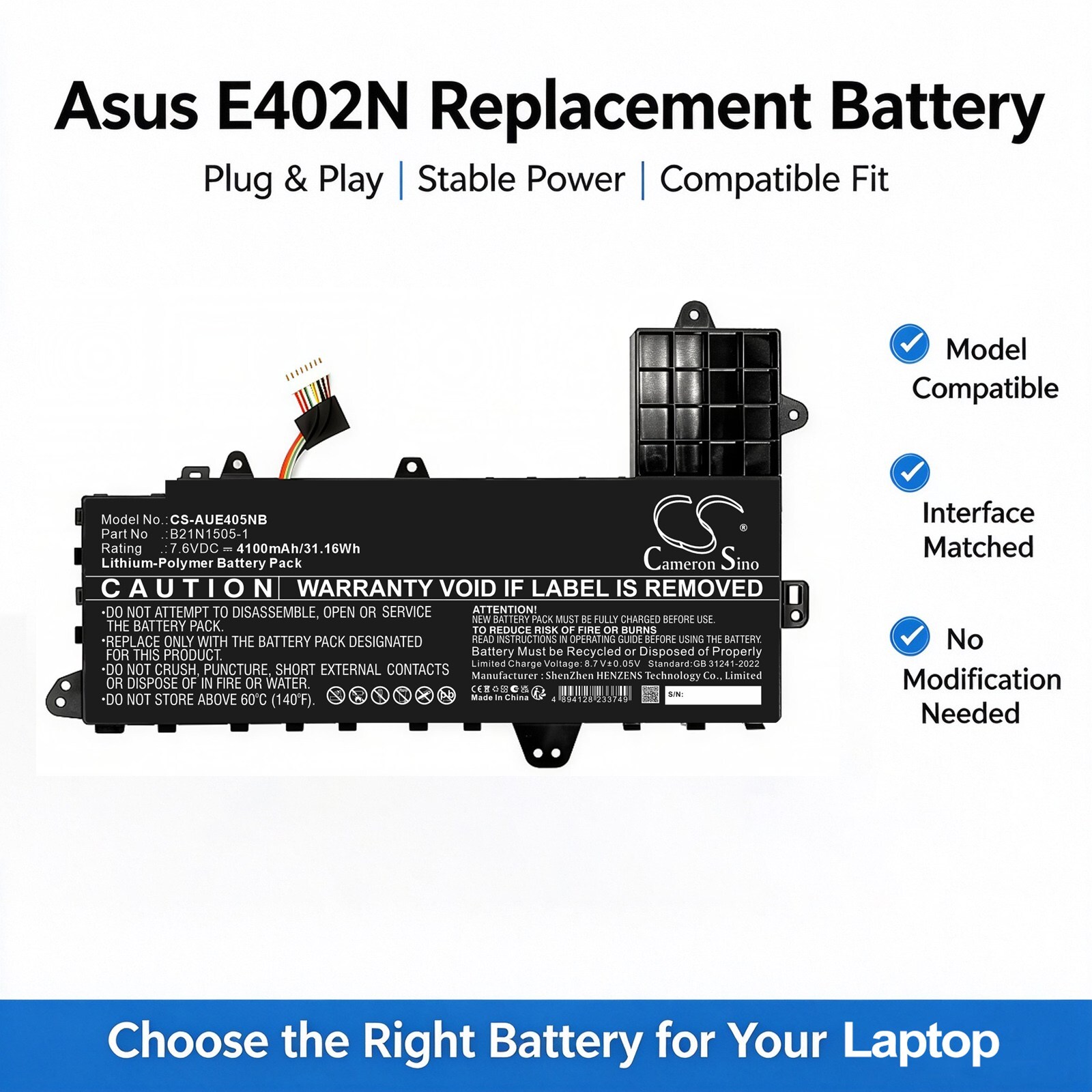 Batteri til bærbar PC, Notatbok for Asus E402N, E402S, E502S m.fl.