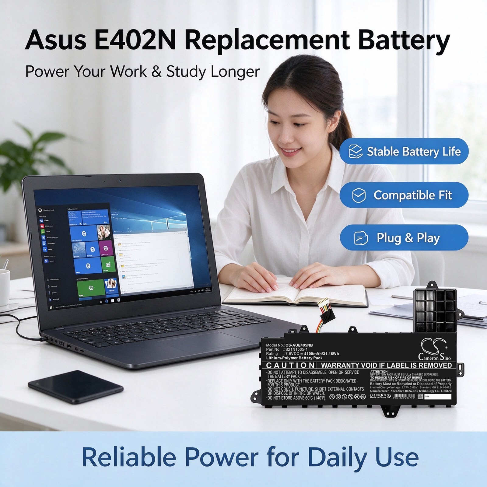 Batteri til bærbar PC, Notatbok for Asus E402N, E402S, E502S m.fl.