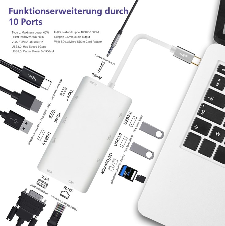 USB 3.1 Type-C St./HDMI/VGA/USB/LAN/AUDIO/SD, PREMIUM, helos-dokkingsstasjon
