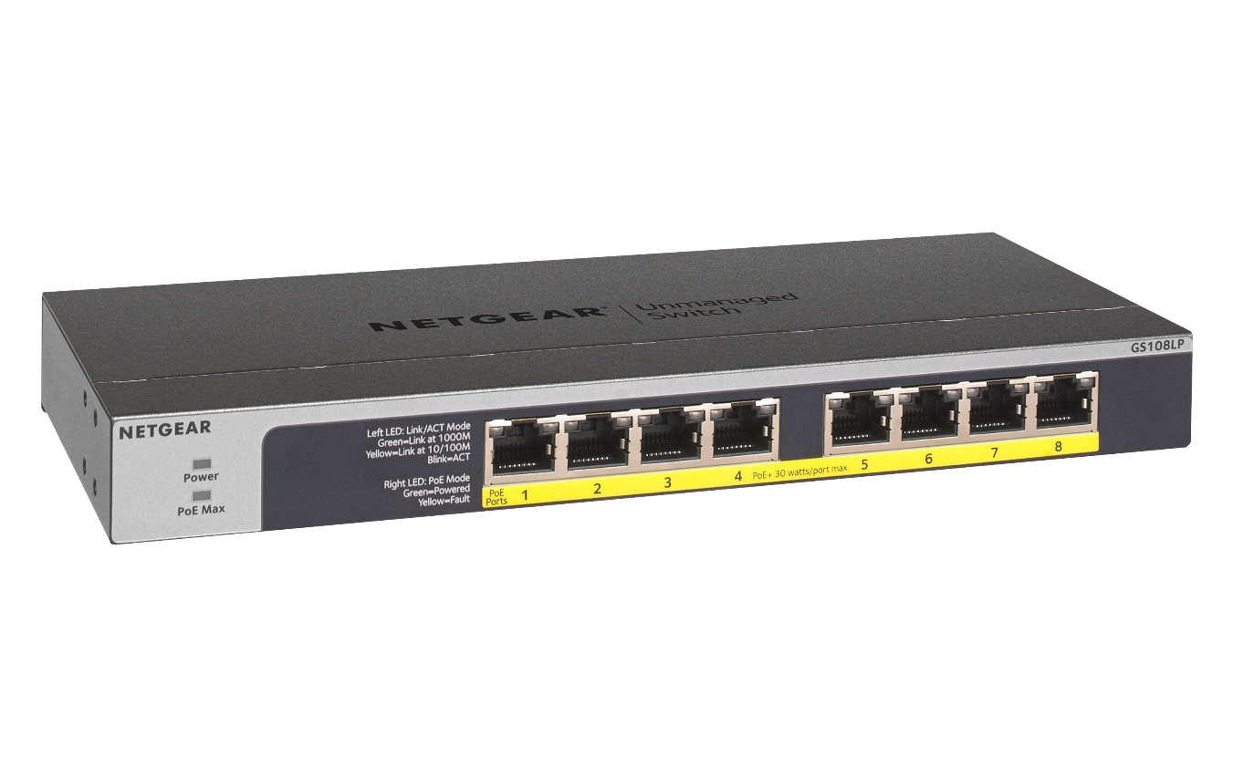 Netgear GS108LP-100EUS 8-porters Gigabit Ethernet PoE/PoE Flex uadministrert switch