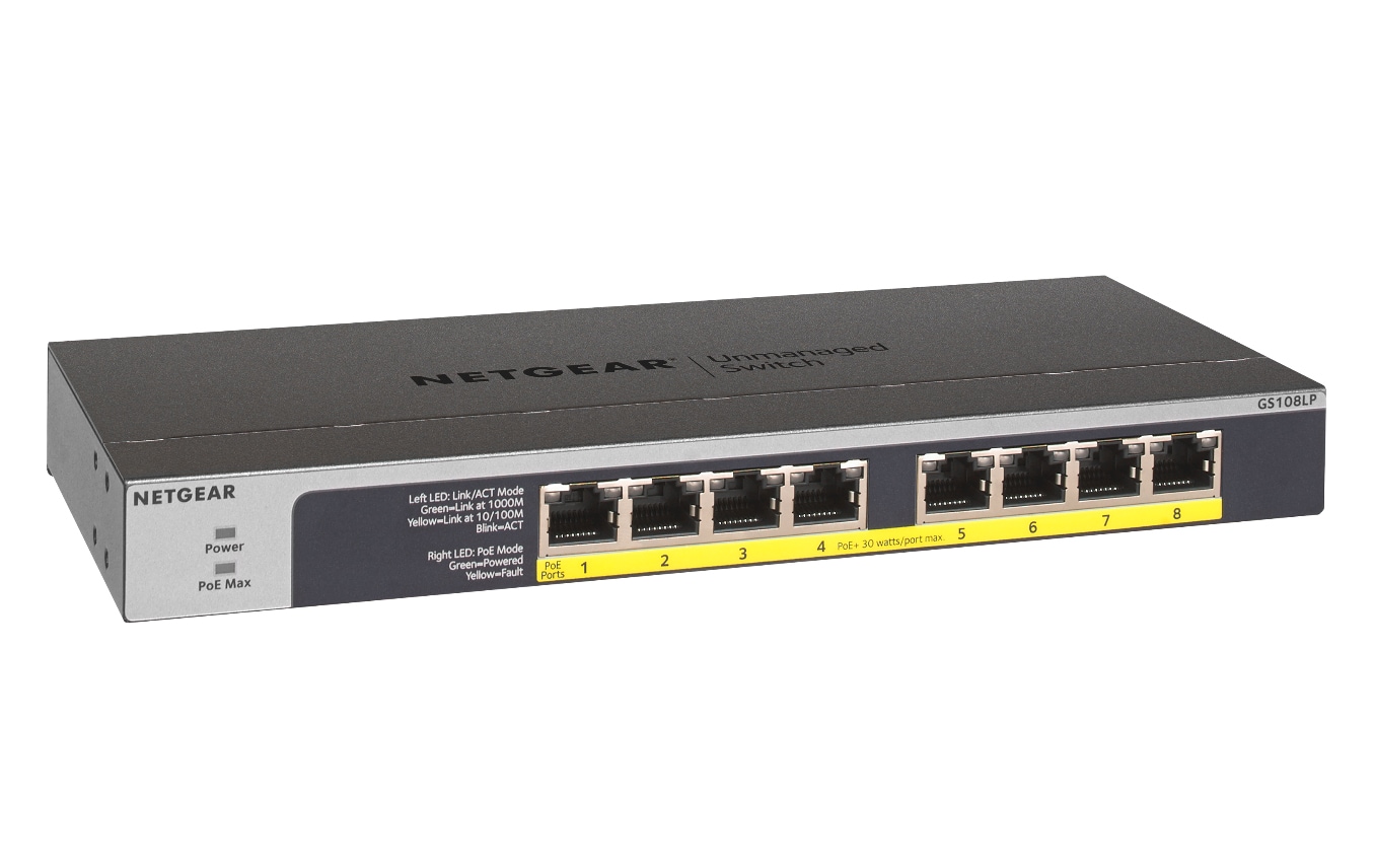 Netgear GS108LP-100EUS 8-porters Gigabit Ethernet PoE/PoE Flex uadministrert switch