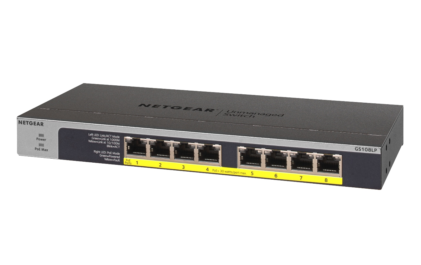 Netgear GS108LP-100EUS 8-porters Gigabit Ethernet PoE/PoE Flex uadministrert switch