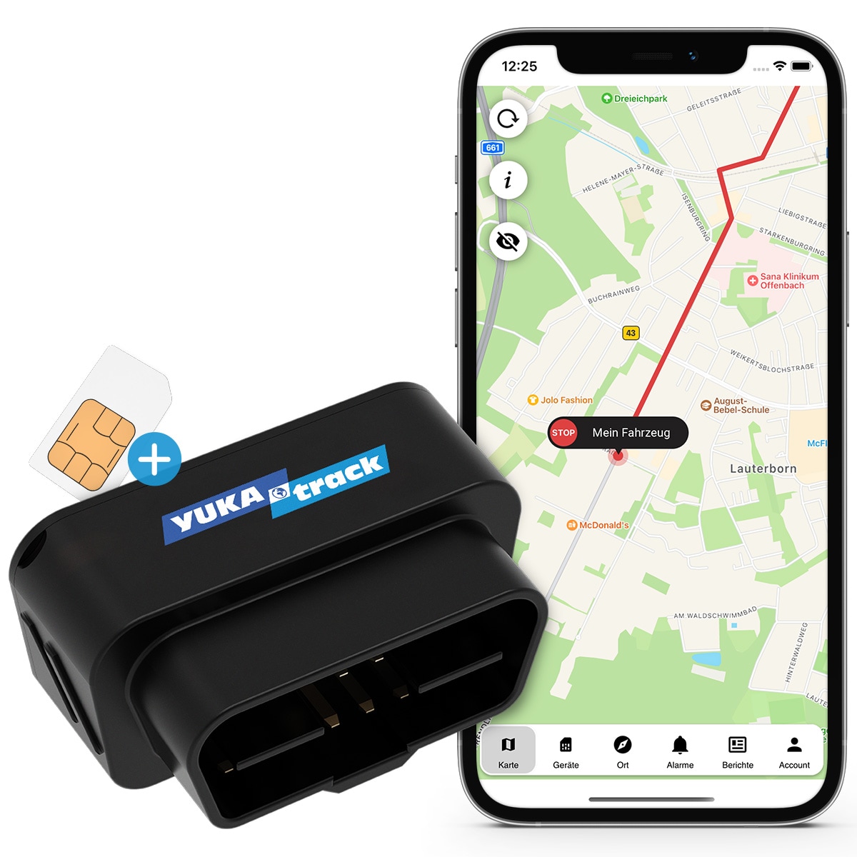 YUKAtrack AIO GPS OBD2 bilsporingsenhet 2G inkl. SIM-kort Dato Flat