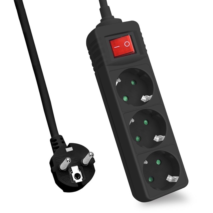 helos stikkontaktlist CLASSIC, 3-veis, svart, 1,5 m, med bryter