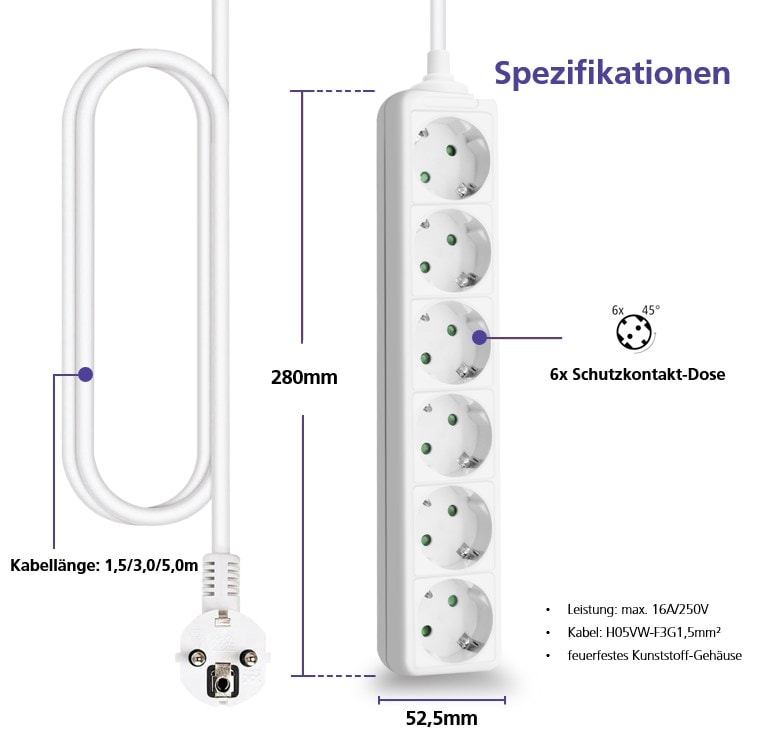 helos stikkontaktlist CLASSIC, 6-veis, hvit, 3,0 m, uten bryter