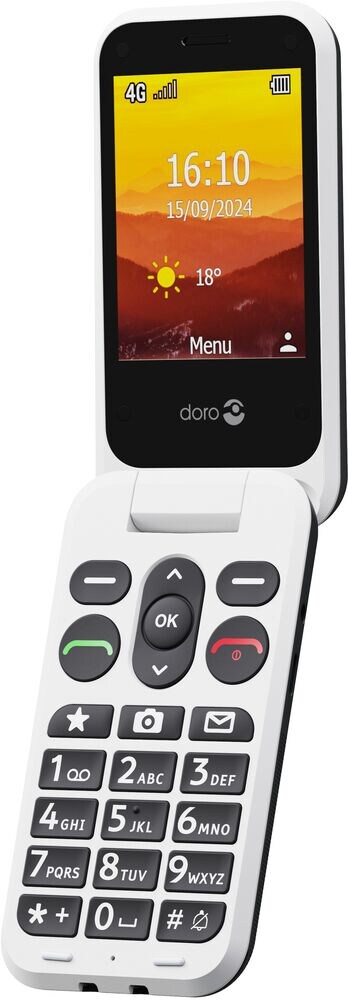 Doro Leva L30 4G, flip-mobiltelefon med store knapper, grafitthvit