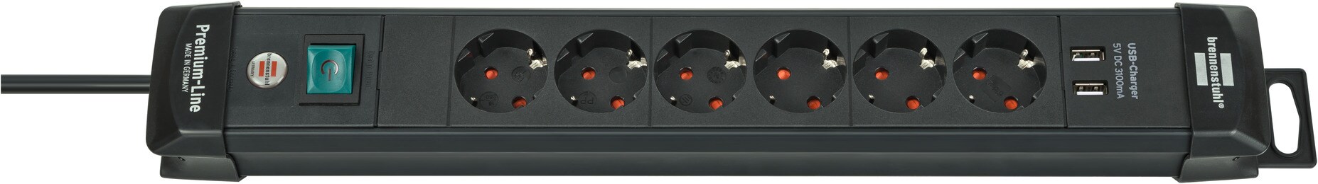 Brennenstuhl Premium-Line 6-veis svart, 3m, med 2x USB-A ladekontakt