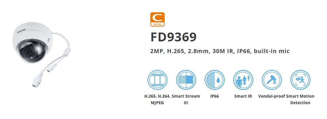 VIVOTEK C-SERIE FD9369 fast kuppel-IP-kamera 2 MP, utendørs, IR, PoE, 2,8 mm, IP66
